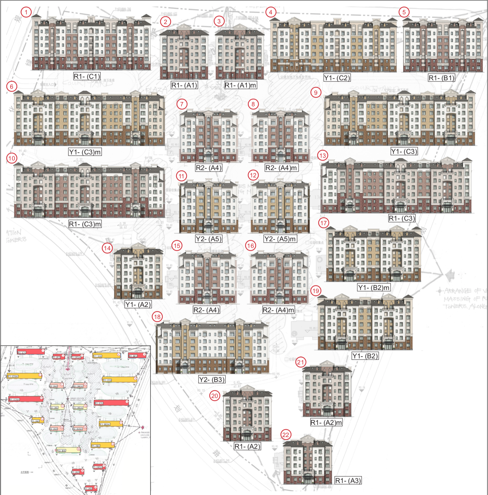 The color and material design of the entire residential complex's building facades.
