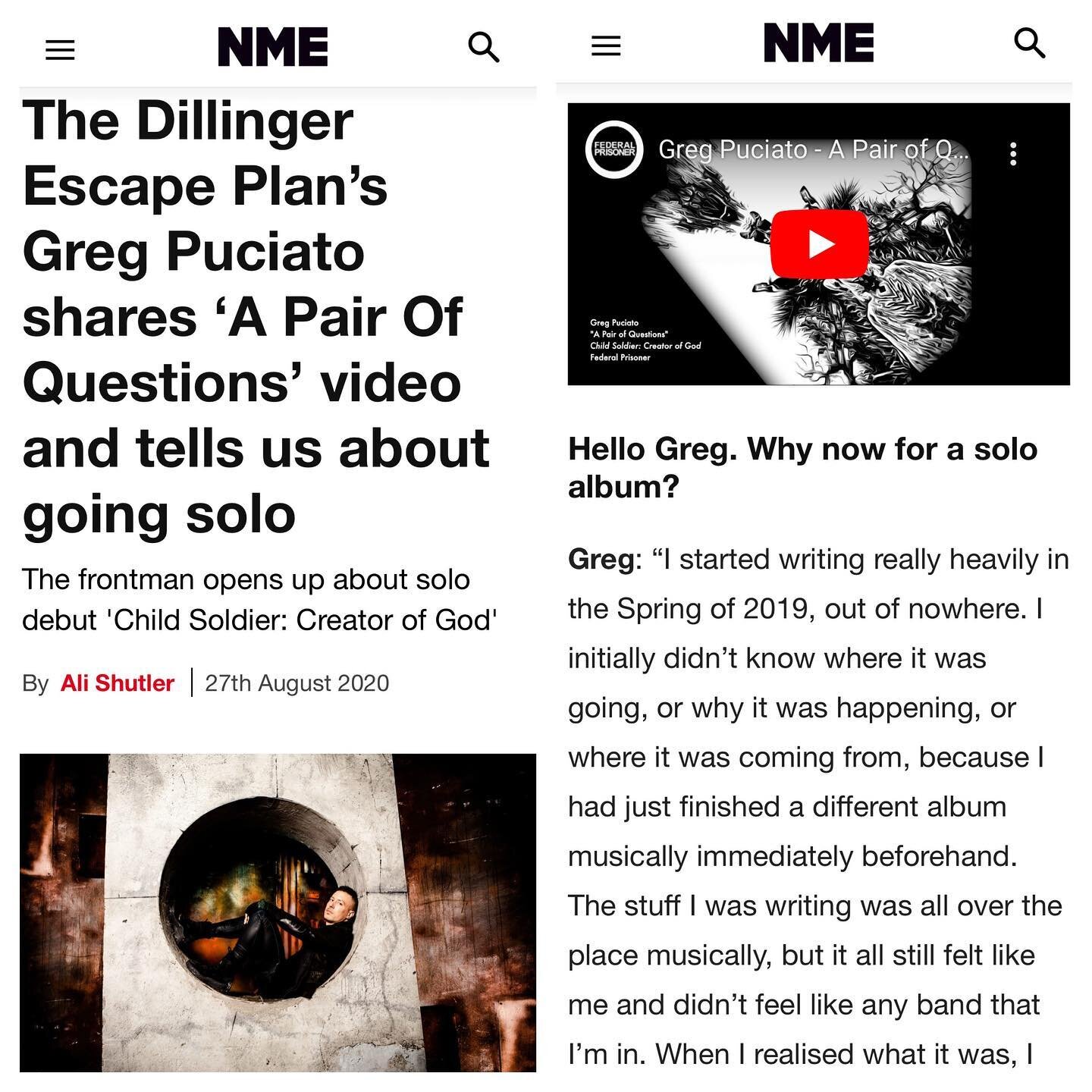 Greg talks to @nmemagazine about his upcoming Oct 23rd solo album &ldquo;Child Soldier: Creator of God&rdquo;, on @federalprisoner records, and debuts new track &ldquo;A Pair of Questions&rdquo;. Link in profile of @federalprisoner or find it at NME.