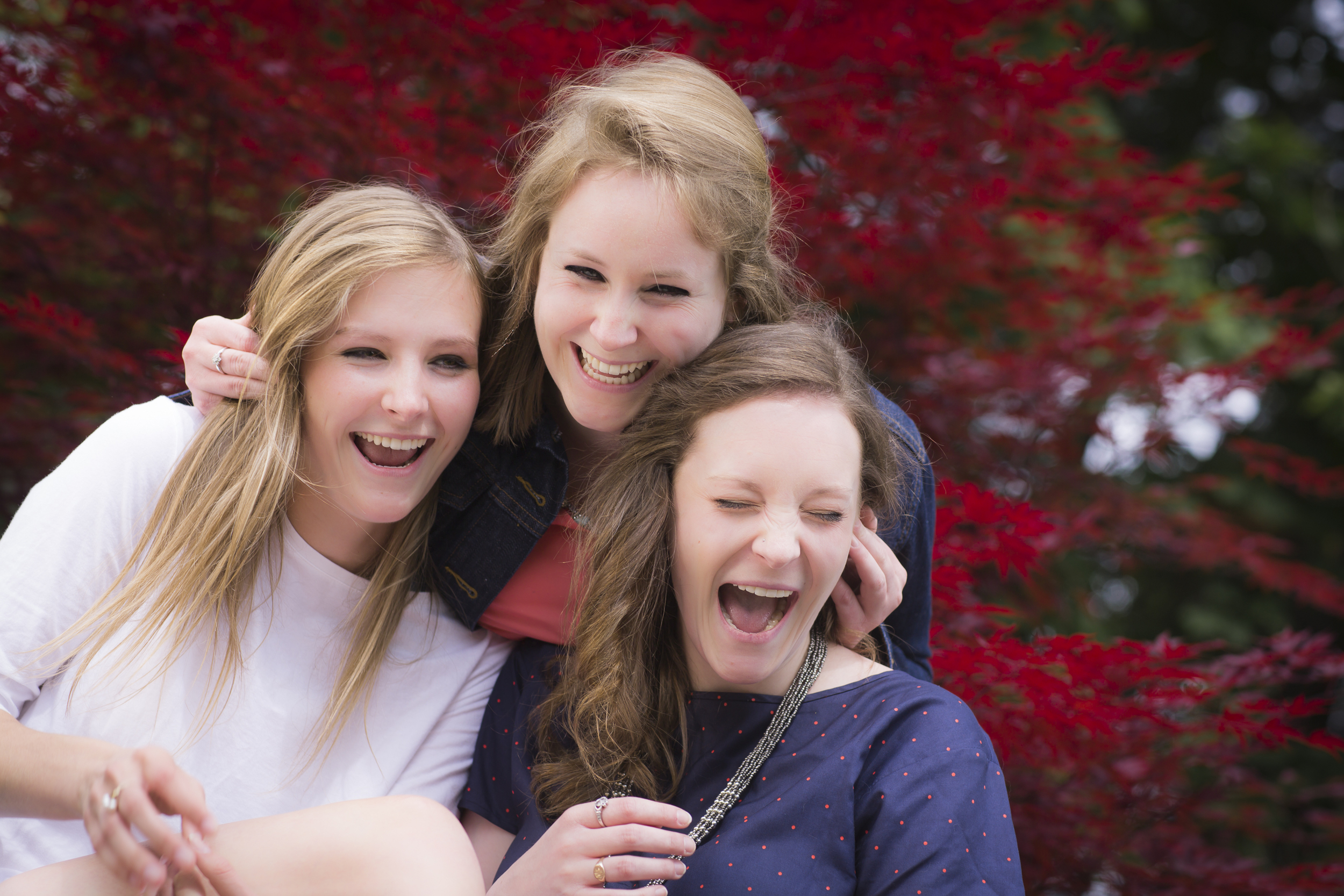 33 3 sisters family portrait outdoor session being silly red maple tree.jpg