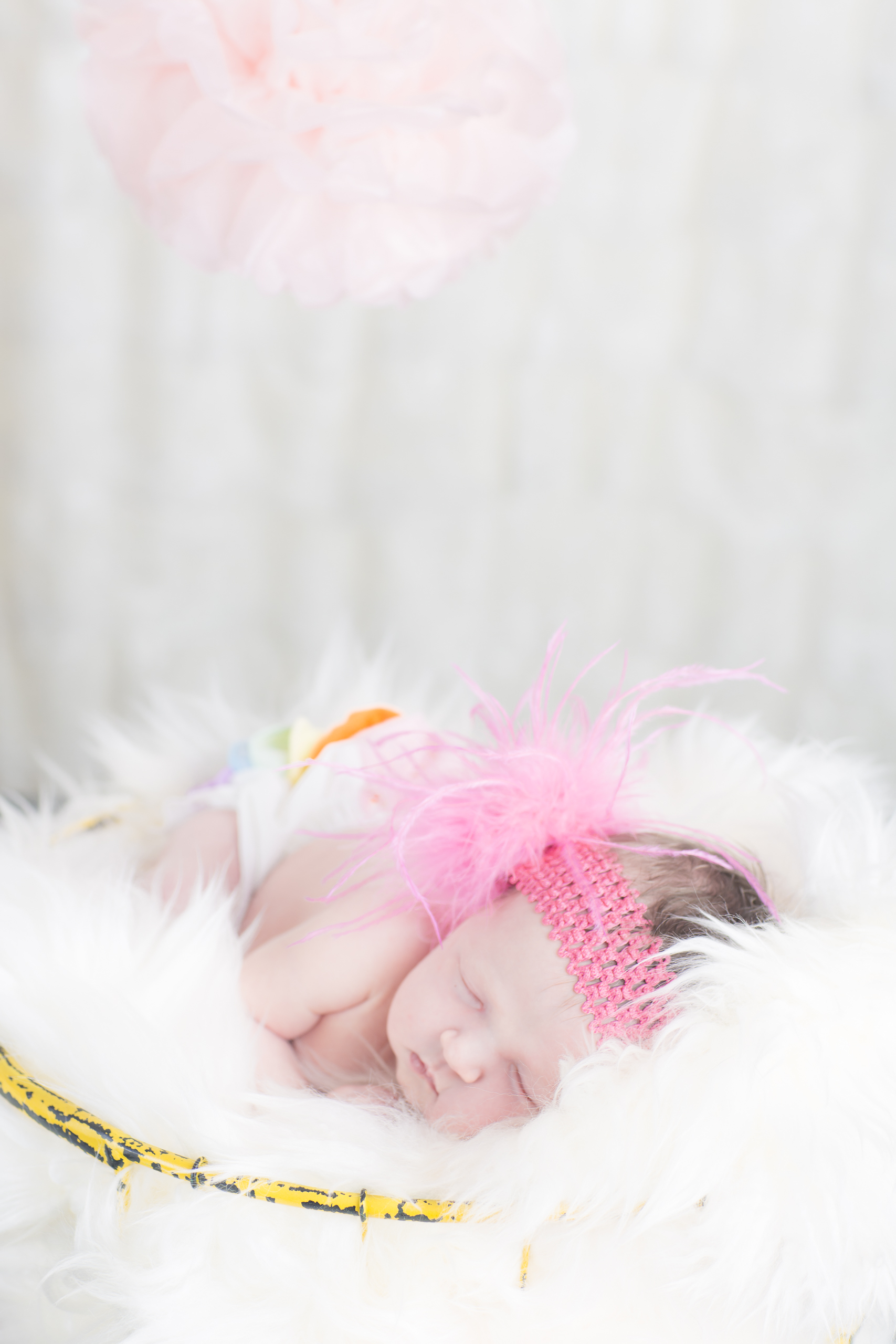 04 newborn girl rainbow pink feather headband fur rug basket studio photography session.jpg