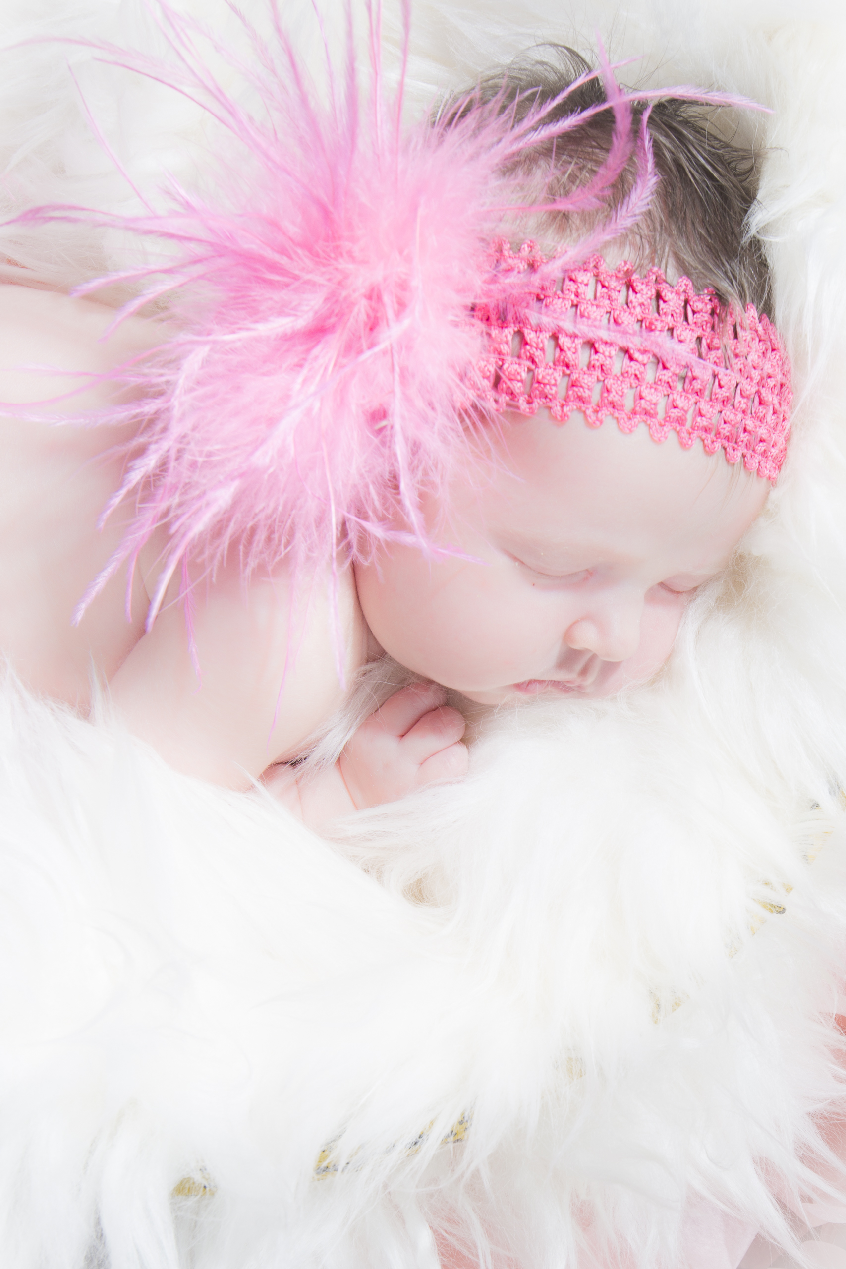 05 newborn girl pink feather headband fur rug basket studio photography session.jpg