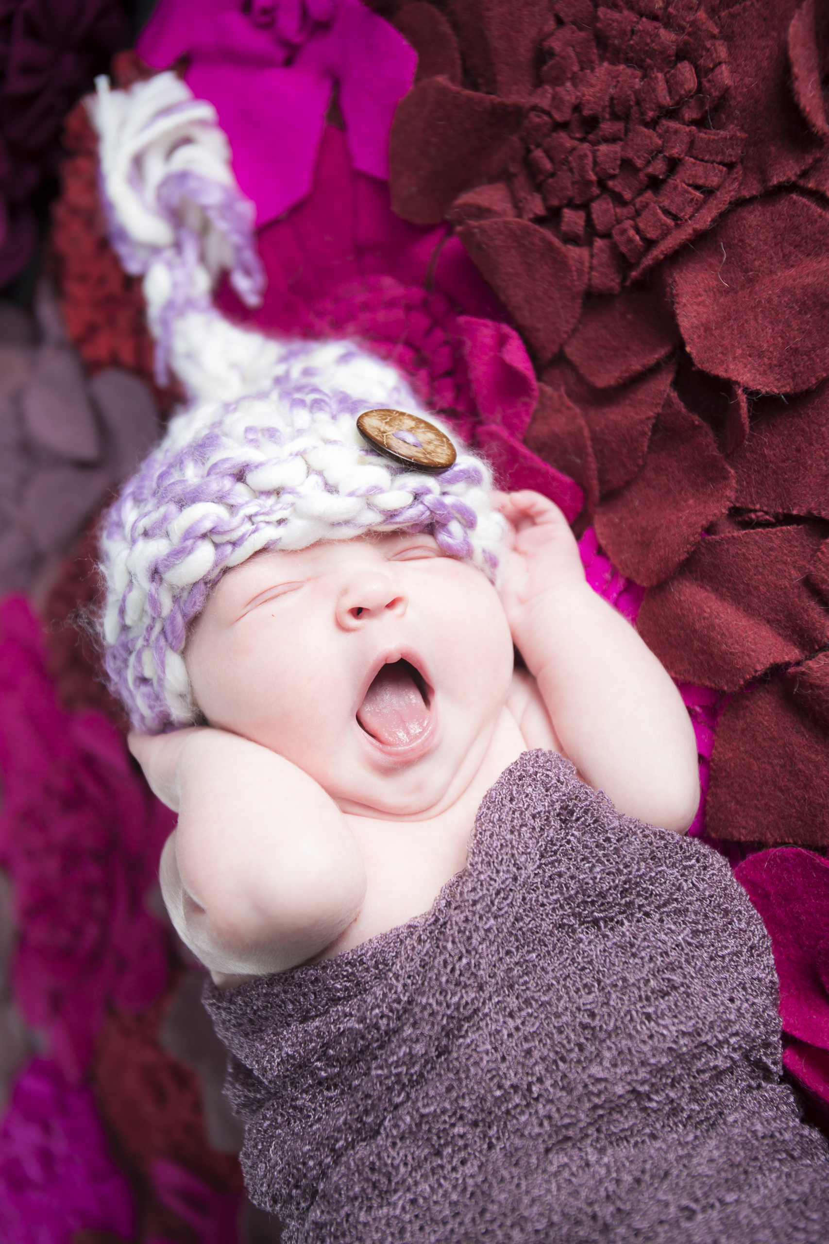 08 newborn girl purple swaddle knit hat flower felt rug studio photography session.jpg