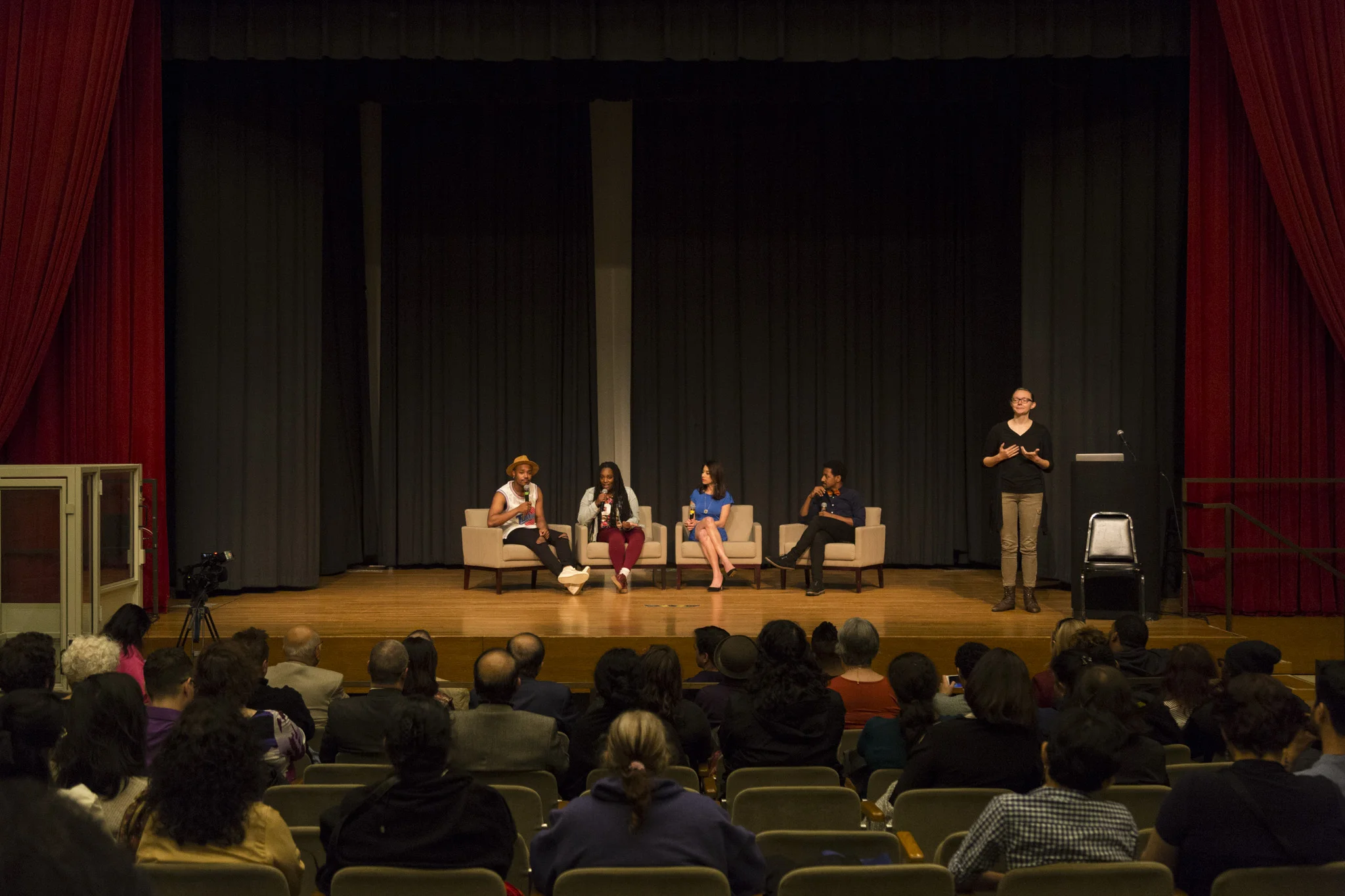 Post-screening Q&A for Aasia Bullock and Dewayne Perkins' Starving Artists and Puja Mohindra's Geeta's Guide to Moving On at the Chicago Cultural Center.