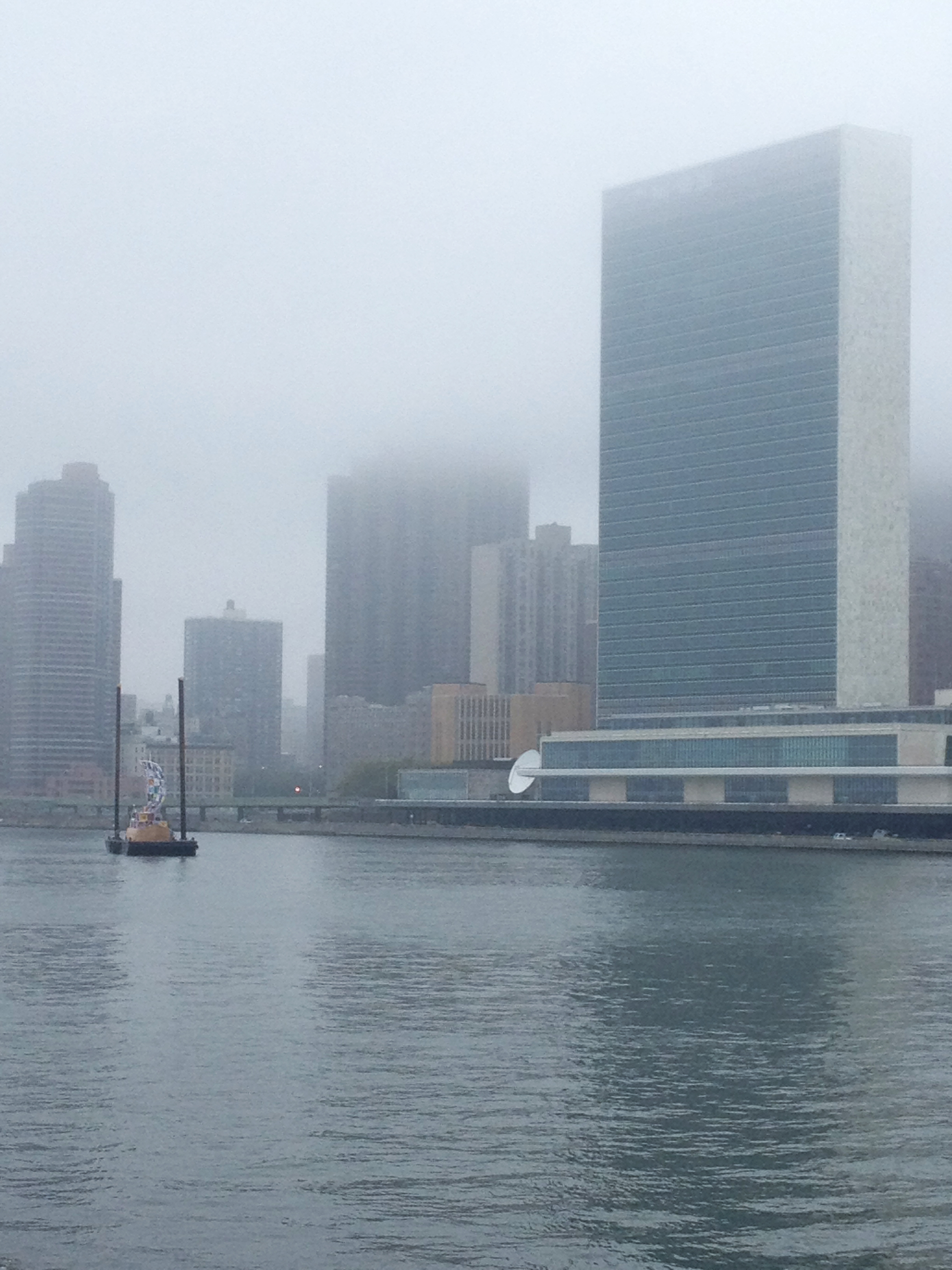 The Ship of Tolerance barged in the East River beneath the United Nations.