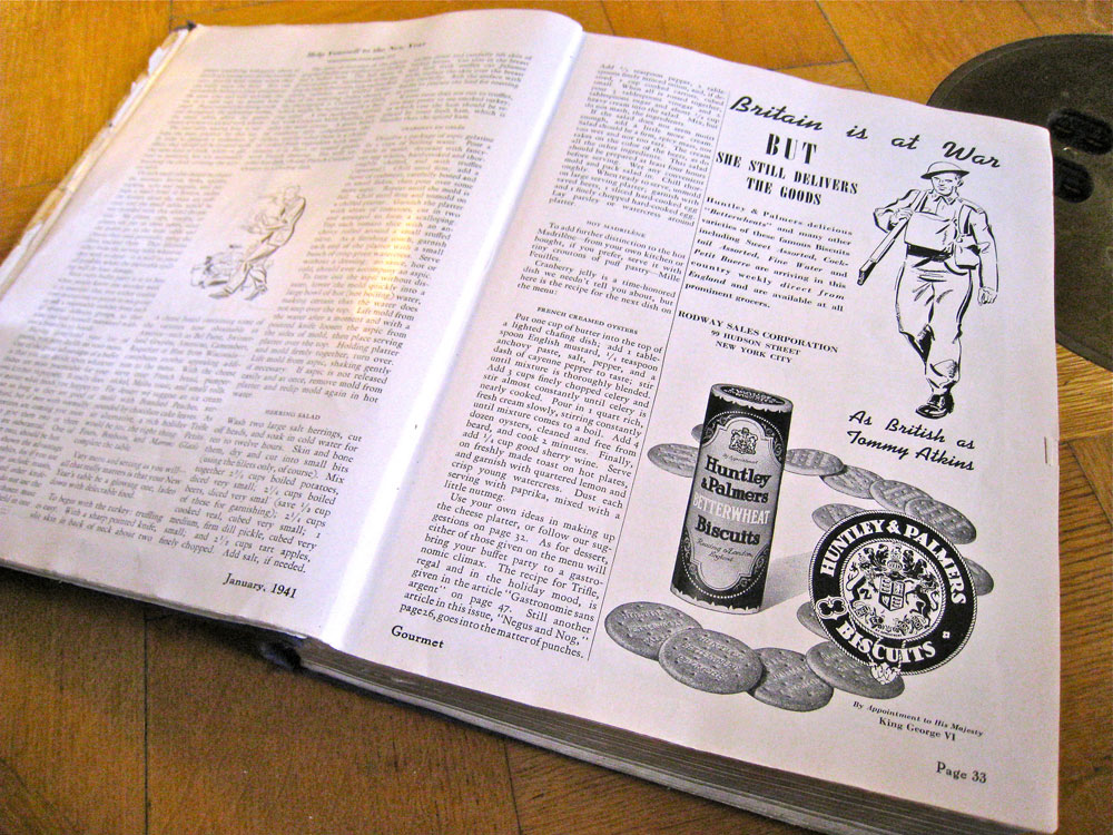 Ad for Huntley & Palmers Bettwerwheat Biscuits reminding Americans of the war across the Atlantic, Gourmet Magazine, January 1941. 