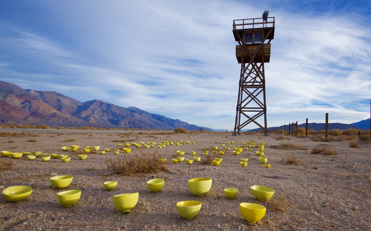 Manzanar. A replica of a guard tower now stands along the road. 