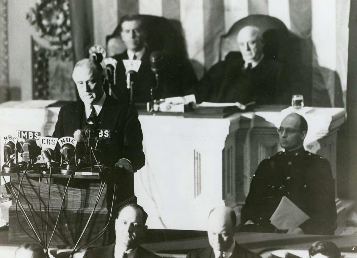 Franklin D. Roosevelt addresses Congress on December 8, 1941, the day after the Japanese attacked a U.S. naval base in Pearl Harbor, Hawaii, killing some 2,400 Americans. “I believe that I interpret the will of the Congress and of the people when I assert that we will not only defend ourselves to the uttermost but will make it very certain that this form of treachery shall never again endanger us,” FDR said. Congress approved a declaration of war against Japan with only a single dissenting vote. FDRL