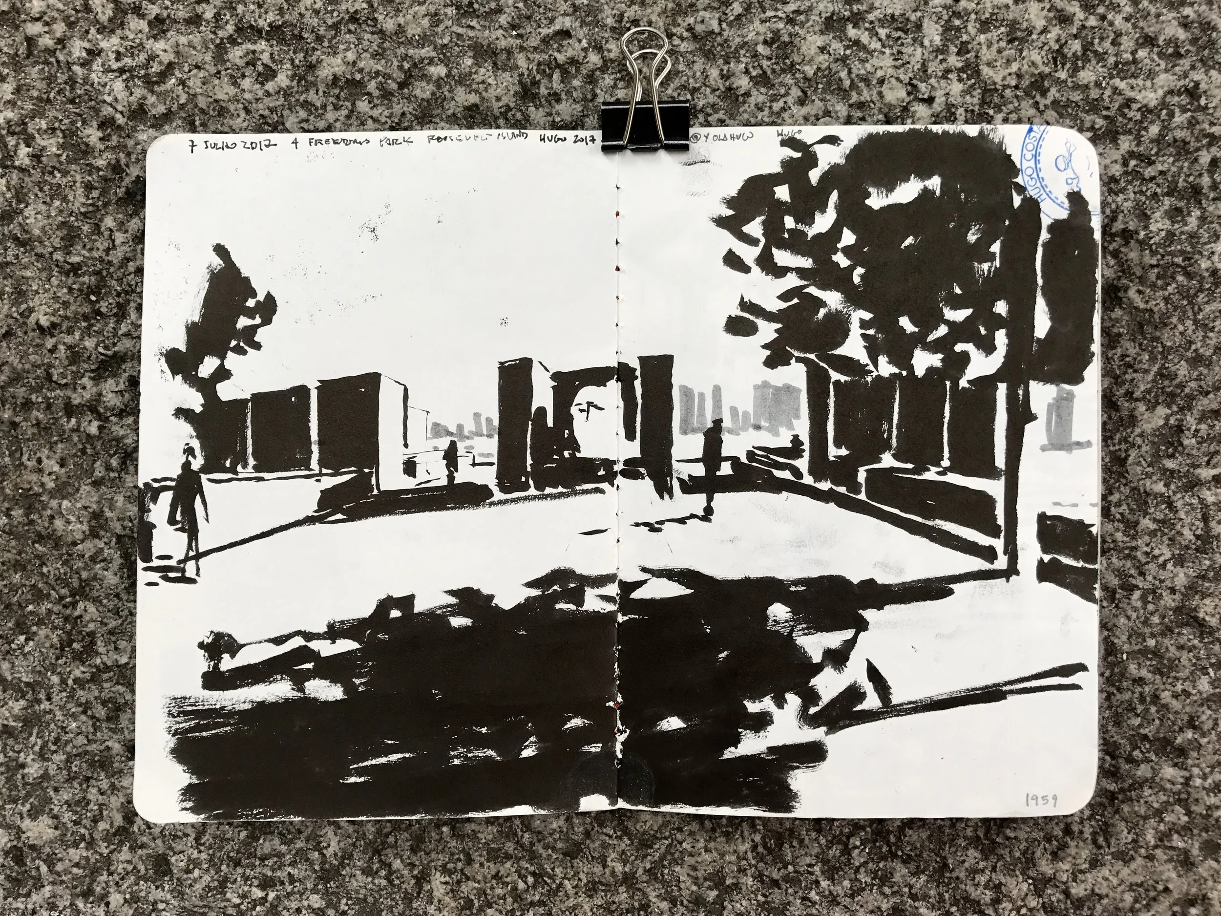 "Walking on Freedom 2" by Hugo Costa "I did Four drawings expressing one of Four freedoms - Freedom of Expression. They should be seen as a set of sketches that transmit how freely I let my instinct travel on the paths designed by Louis Kahn. At the end of this path, defined by stairs, walls, trees and shadows (so powerful!) I stood peacefully drawing Manhattan, framed in between these walls and shadows. I returned one other day to sketch the UN building, so physically and ideologically omnipresent at the Park."