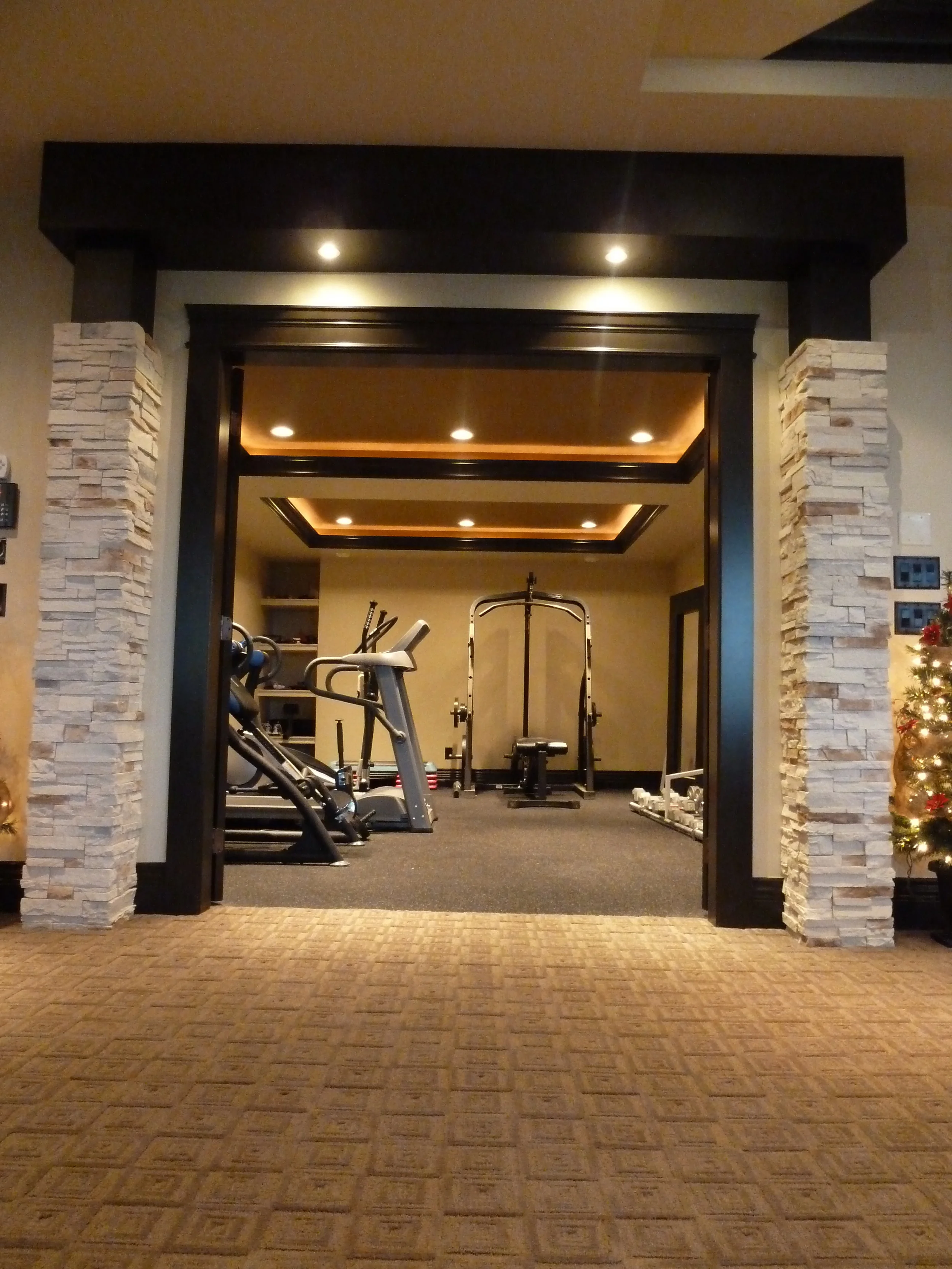 The gym is a functional size, and includes a kohler drinking fountain and audio system to really get you moving.