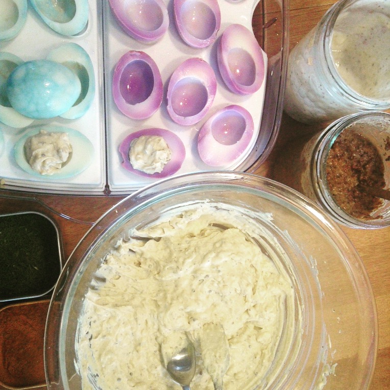 our beautiful devilled eggs! Beet kvass and butterfly pea tea were used to colour them and sauerkraut, homemade mayo and cultured mustard all went into the filling.
