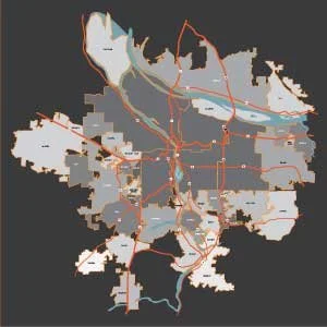 Map of a city showing streets, highways, and waterways with a dark background.
