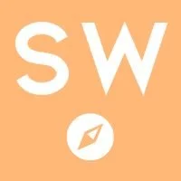 Orange background with large white letters 'S' and 'W', and a white compass icon below