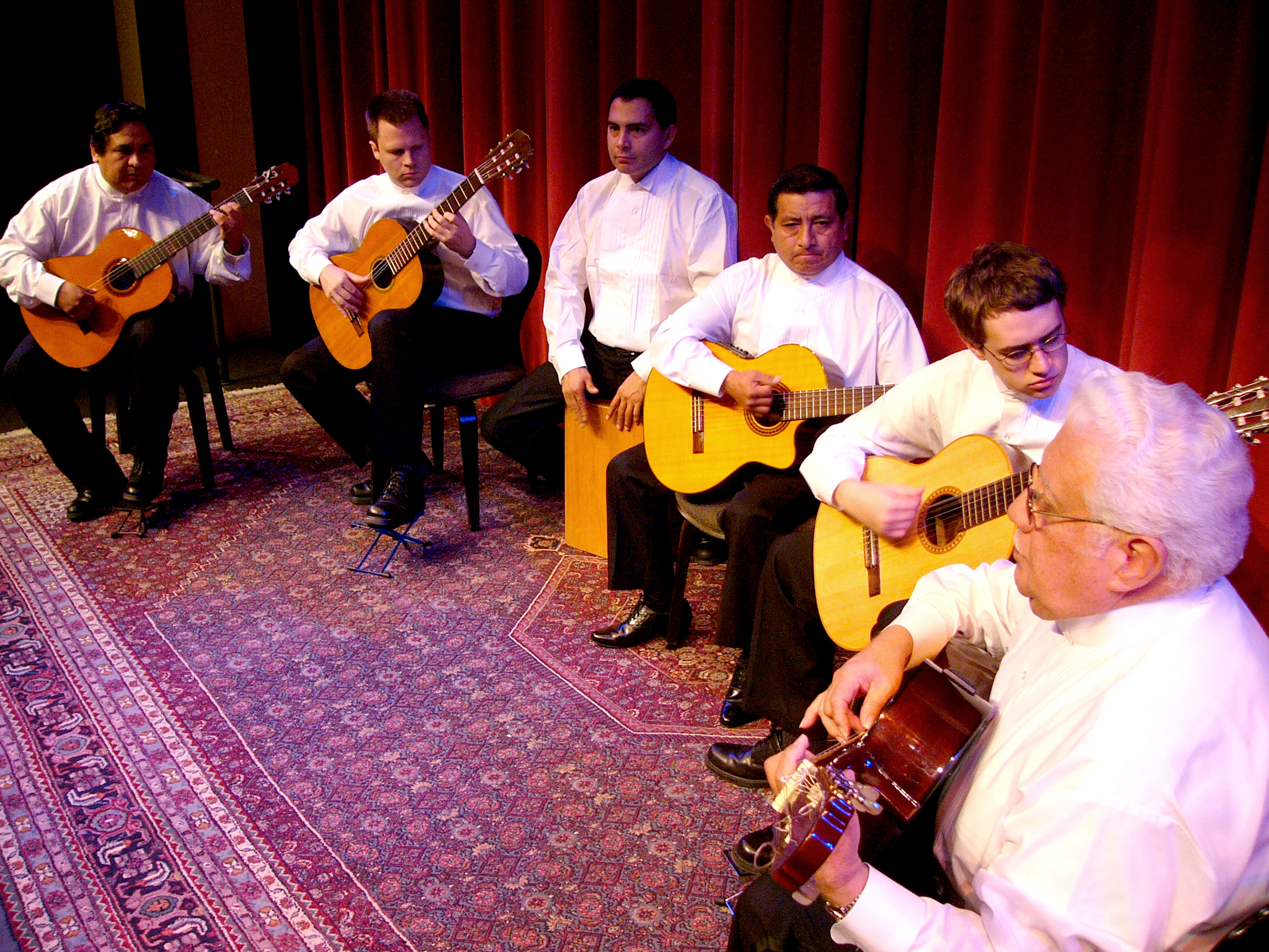 The first version of Los Guitarristas in 2004, l-r: Anibal Bellido, Neil Dixon Smith, Raul Fernandez, Pedro Verastagui, Rob Clearfield, Alfonso Chacon. Photo by Mr. King.