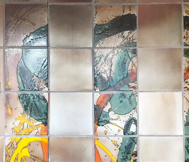 Vintage glaze experiments/kiln optimization tiles, made by Edith Heath and installed (still!) in the Sausalito tile factory.