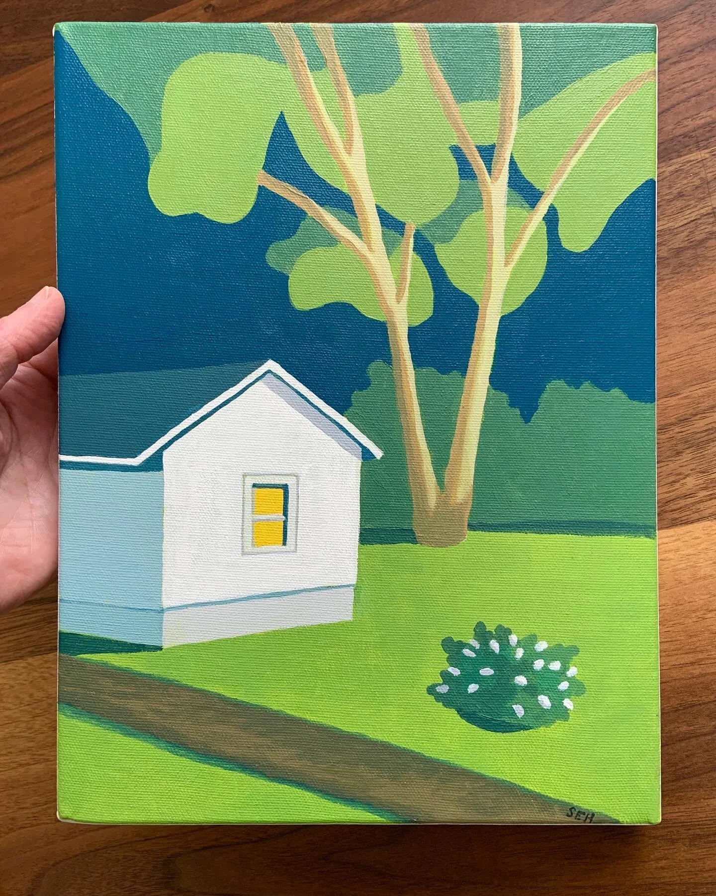 What!? My first exhibited painting (&ldquo;Tiny Bungalow and Shrub in the Night&rdquo; from sketches of a real tree and a real bungalow) for @hundreddollargallery @hamiltonartistsinc in Hamilton, opening during @supercrawl Friday Sept 12 7-9pm. Every