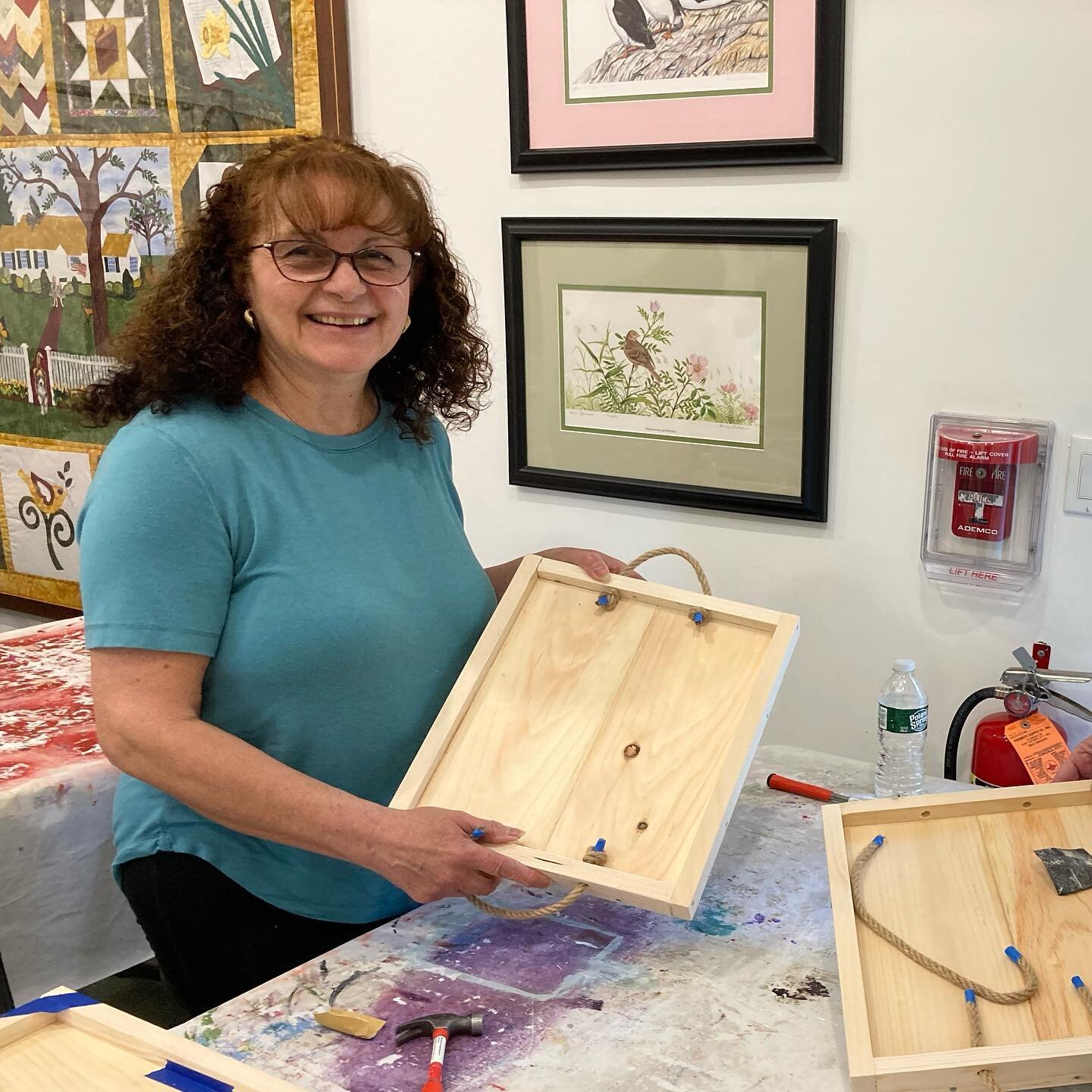 Woodshop Wednesday at @brookhavenfreelibrary. Spring is in the air. Tonight we made serving trays. The crew learned a fun trick - how to use glue in place of a clamp. When the workshop finished, a patron thanked me for giving her courage to try new t