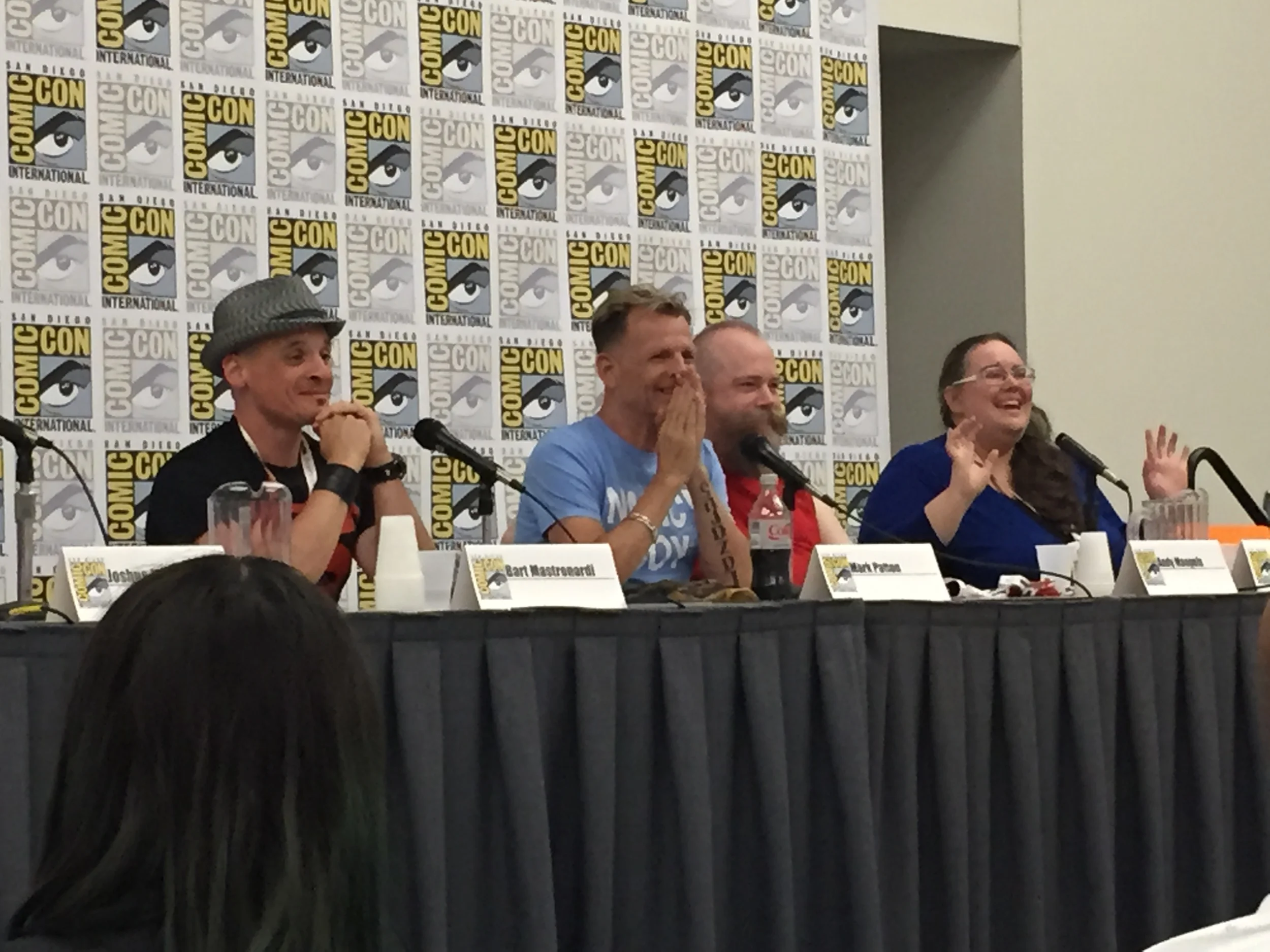 Panelists from "The Gay Agenda in Horror:Terrifying Subtext" L to R: Mark Bessinger, Mark Patton, Andy Mangels, and Aja Romano