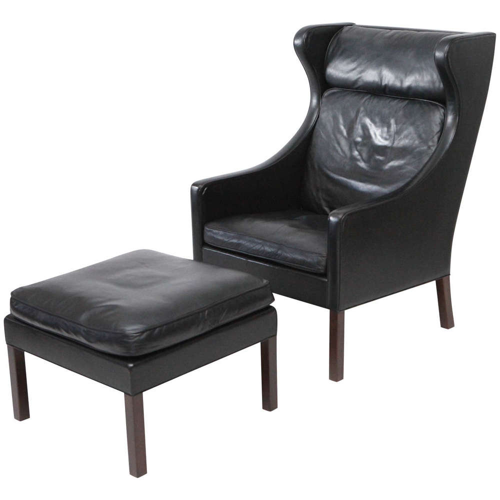 Børge Mogensen Leather Wingback Chair, Grey Leather Wingback Chair
