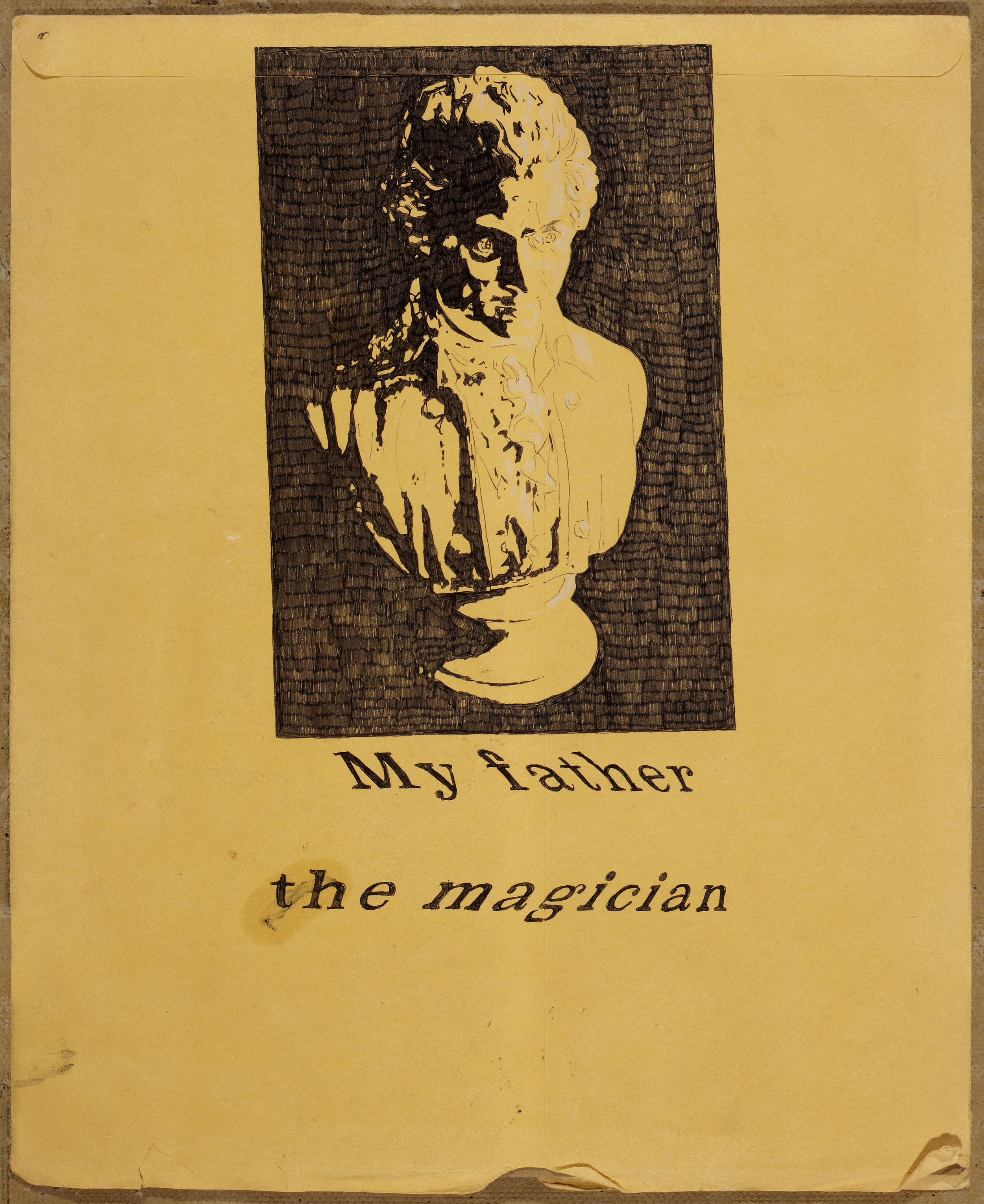 My Father, The Magician , pen and ink on found envelope, 11" x 13"