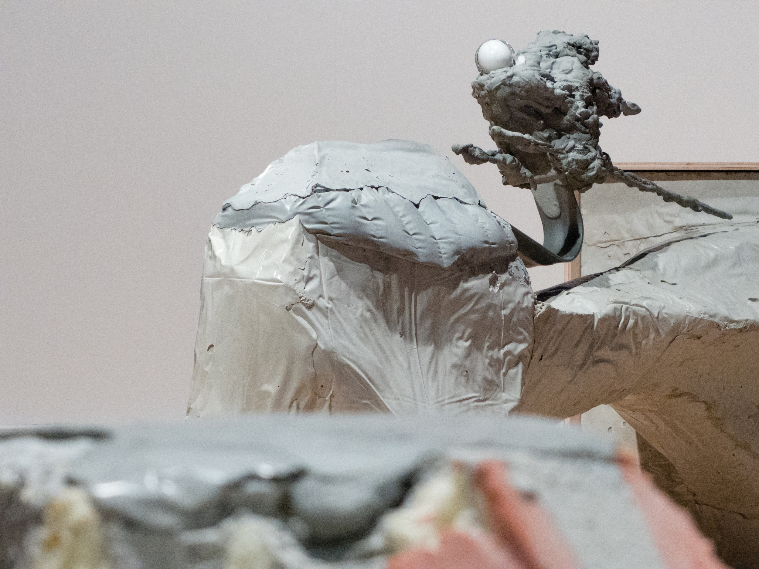 Staging Two: The Stasis: Umbilical , (detail) 2016. Concrete, wire, wood, fabric, resin, and steel. 32 x 76 x 25 in.
