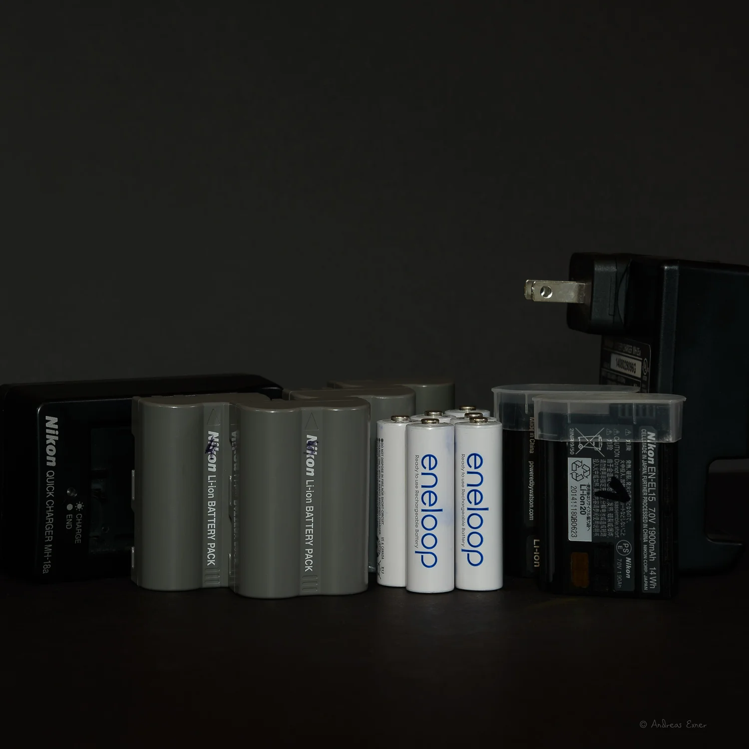 Camera batteries During all the years, using first the Nikon D200, later the D300s, and now the D750 I have used original NIKON batteries, as well third party products, like Impact, Pearstone, or Watson. To be honest, I have not found any significant difference in performance between any of them. My tip for adding more batteries to your bag, buy the less expensive third-party brand and call it a day… ★ ★ ★ ★ ★ Flash batteries I use rechargeable Ni-MH batteries from eneloop and Watson. Both brands served me very well in the past. ★ ★ ★ ★ ★