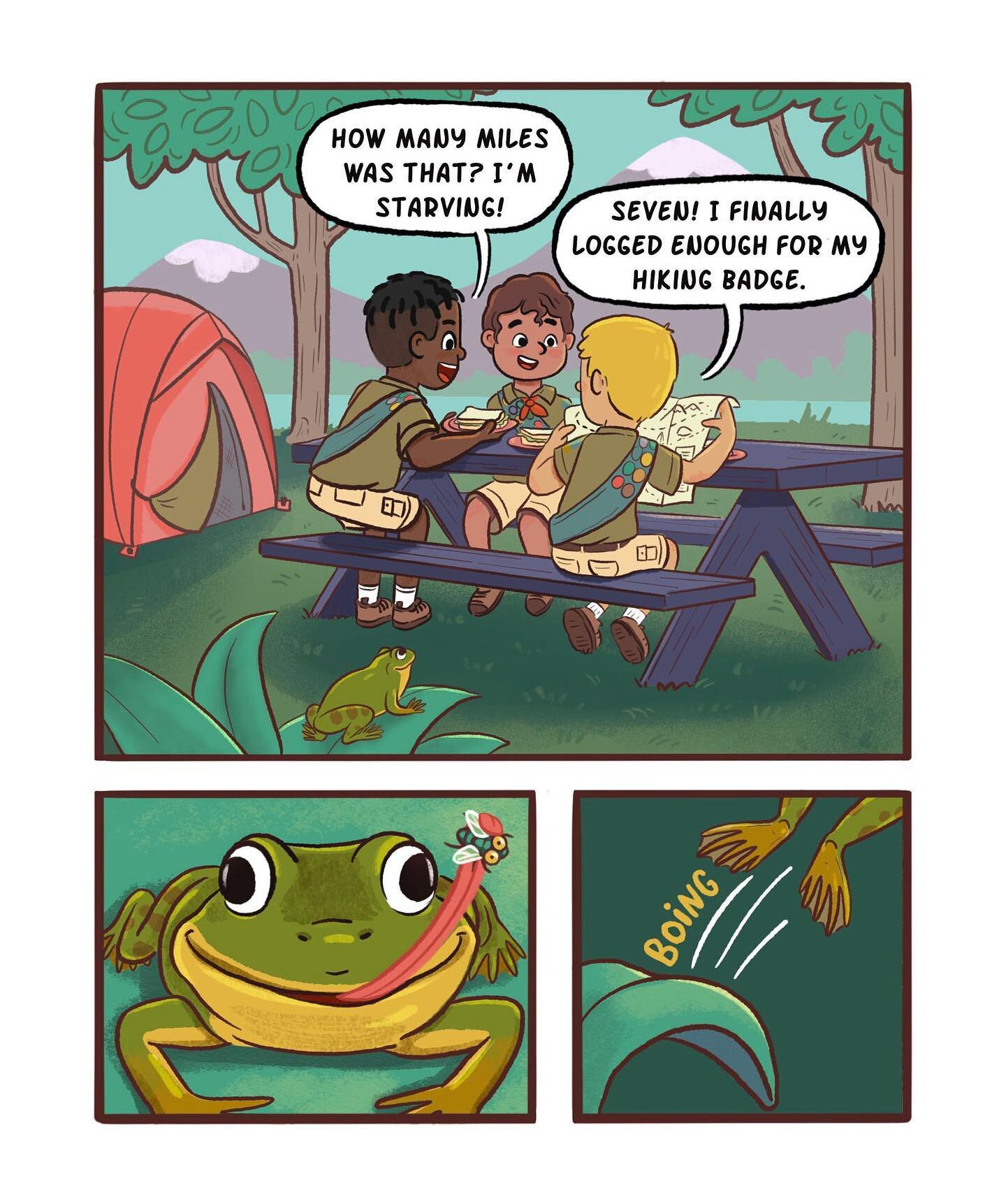 And here&rsquo;s the full scene 🐸 
Created for the @the_t2_agency prompt &ldquo;dining al fresco&rdquo;

#graphicnovel #graphicnovelsforkids #middlegradegraphicnovel #youngreadergraphicnovel #frogillustration #boyscoutillustration #campingillustrati