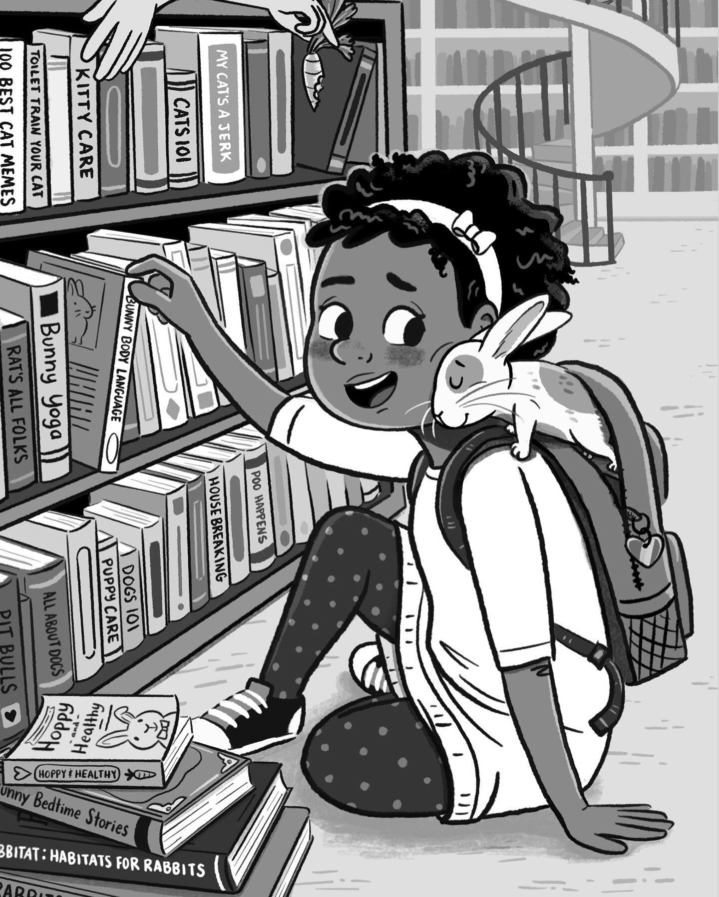 I&rsquo;ve been reading a lot of young reader chapter books  lately and it has me wanting to build my black and white illustration portfolio. 
I made this cute little piece for my agency&rsquo;s &ldquo;library&rdquo; prompt. Turns out I really like w