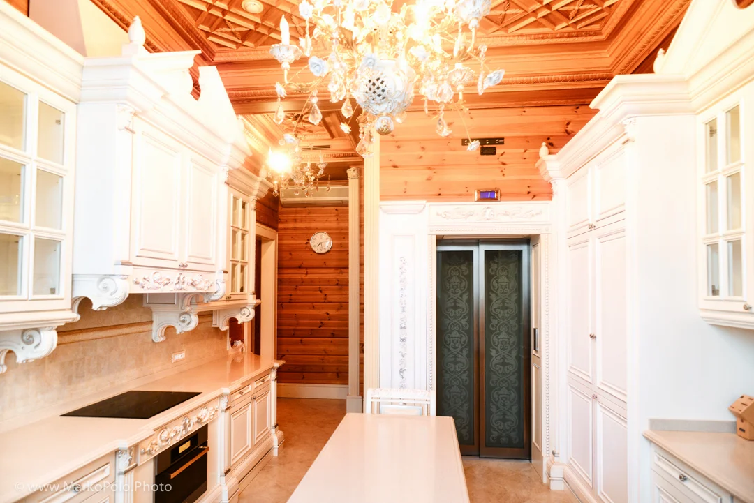 Kitchen, just for his use not staff cooking...Notice the elevator in the kitchen! one of two