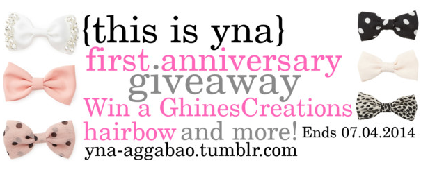 Hey everyone! Thank you for checking out my blog! It’s been my baby for an entire year now and to thank you guys for always coming back to it, I’m hosting another giveaway! This time it’s in partnership with my mother’s Etsy store, GhinesCreations ! You can win a hair bow like the one I am modeling below plus a few more surprises that I’ll throw in:
Entering is easy, just follow the steps on the Rafflecopter widget below. It’s not open internationally (sorry friends abroad!) and ends midnight, July 4, 2014. Once the winner is chosen by random.org I’ll email them for their address. Good luck to everyone and thanks again for reading my blog! Please share this giveaway with everyone you know, it might just earn you more chances of winning! Thanks for visiting this blog for an entire year and thanks for entering the giveaway <3
a Rafflecopter giveaway