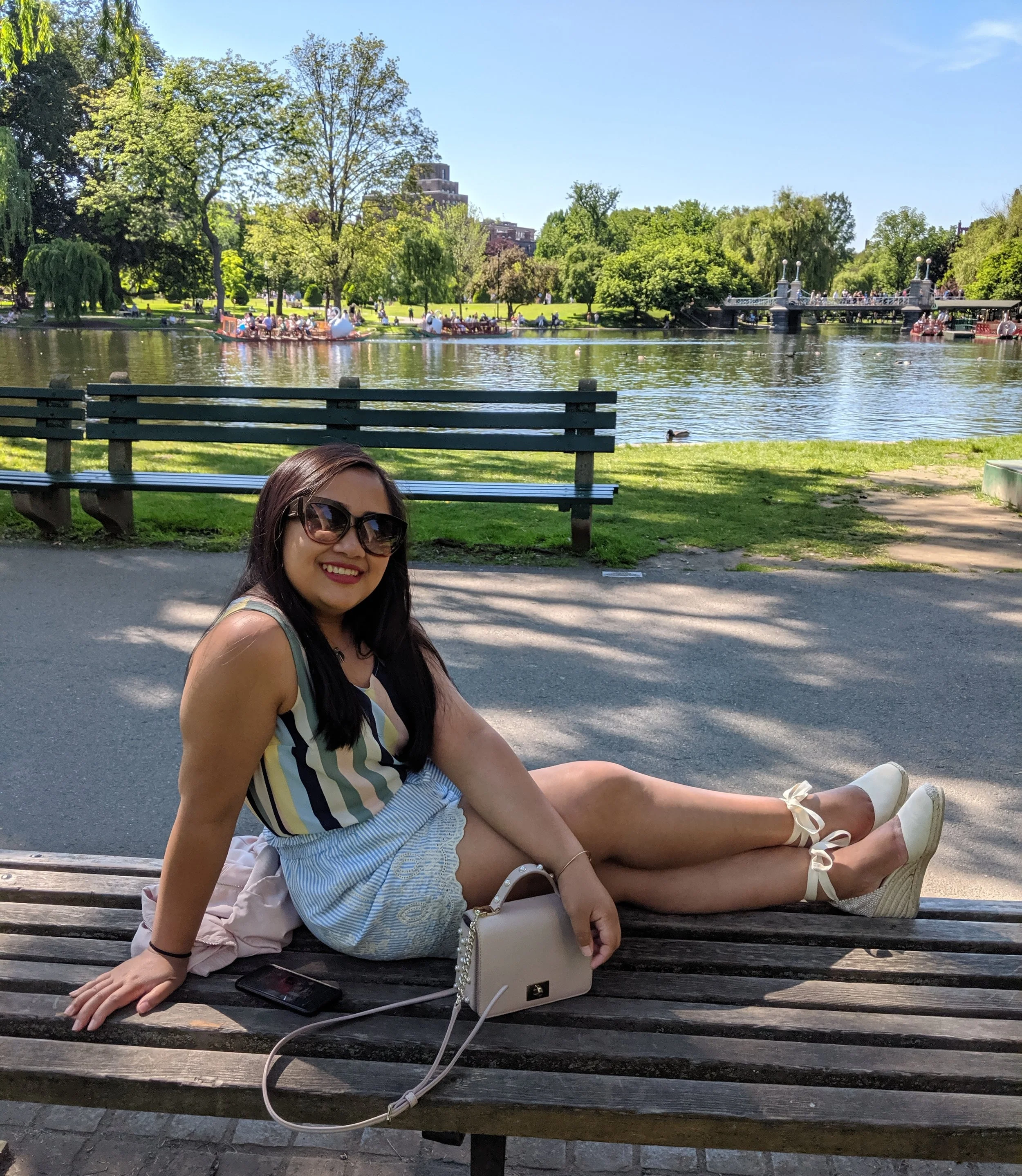 Taking a break in Public Garden after walking around Boston’s PRIDE festivities Wearing Balenciaga sunglasses and Castañer espadrilles with Primark top, LF shorts, and Kate Spade bag