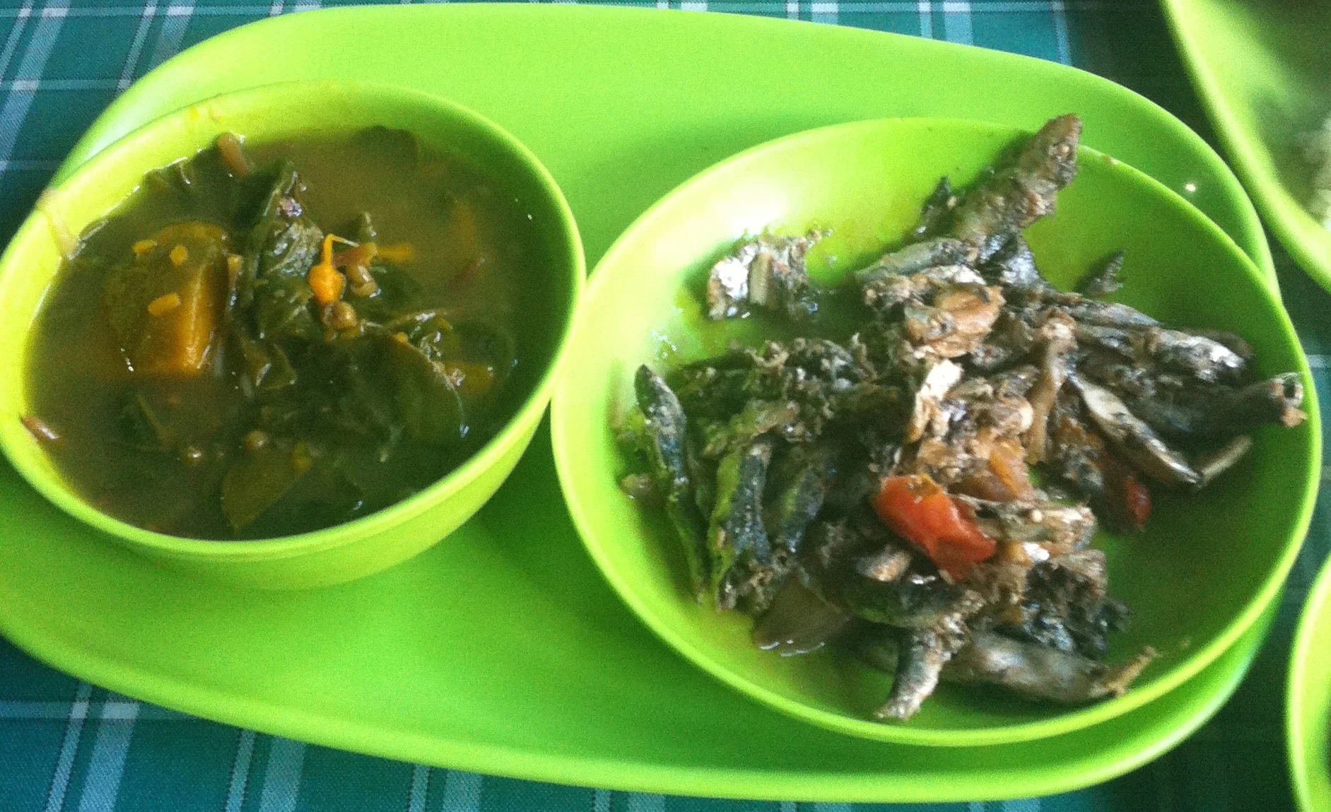 Eatery food in Iloilo: munggo (mung bean soup) and pickled anchovies.