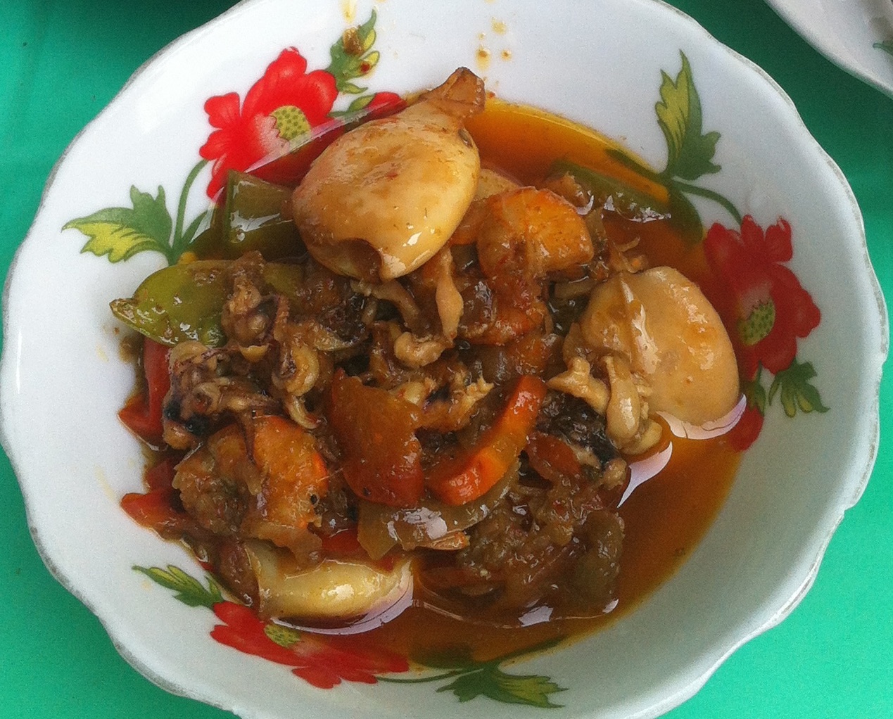 Squid and tiny shrimp. Eighty cents -- with two bowls of soup!