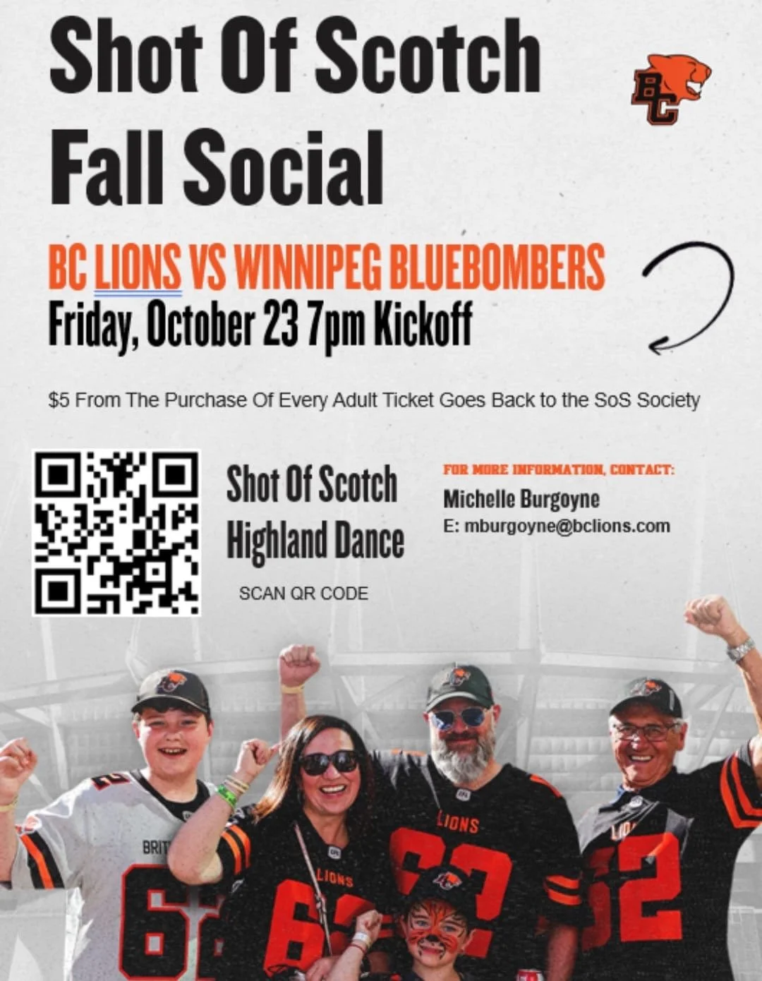 🦁 Let's go Lions! 🦁

Join us for another Shot of Scotch Social to cheer on our very own BC Lions! 🏈

Catch the BC Lions vs the Winnipeg Blue Bomers with us on October 23! $5 from each adult ticket purchased will go to Shot of Scotch Vancouver to h
