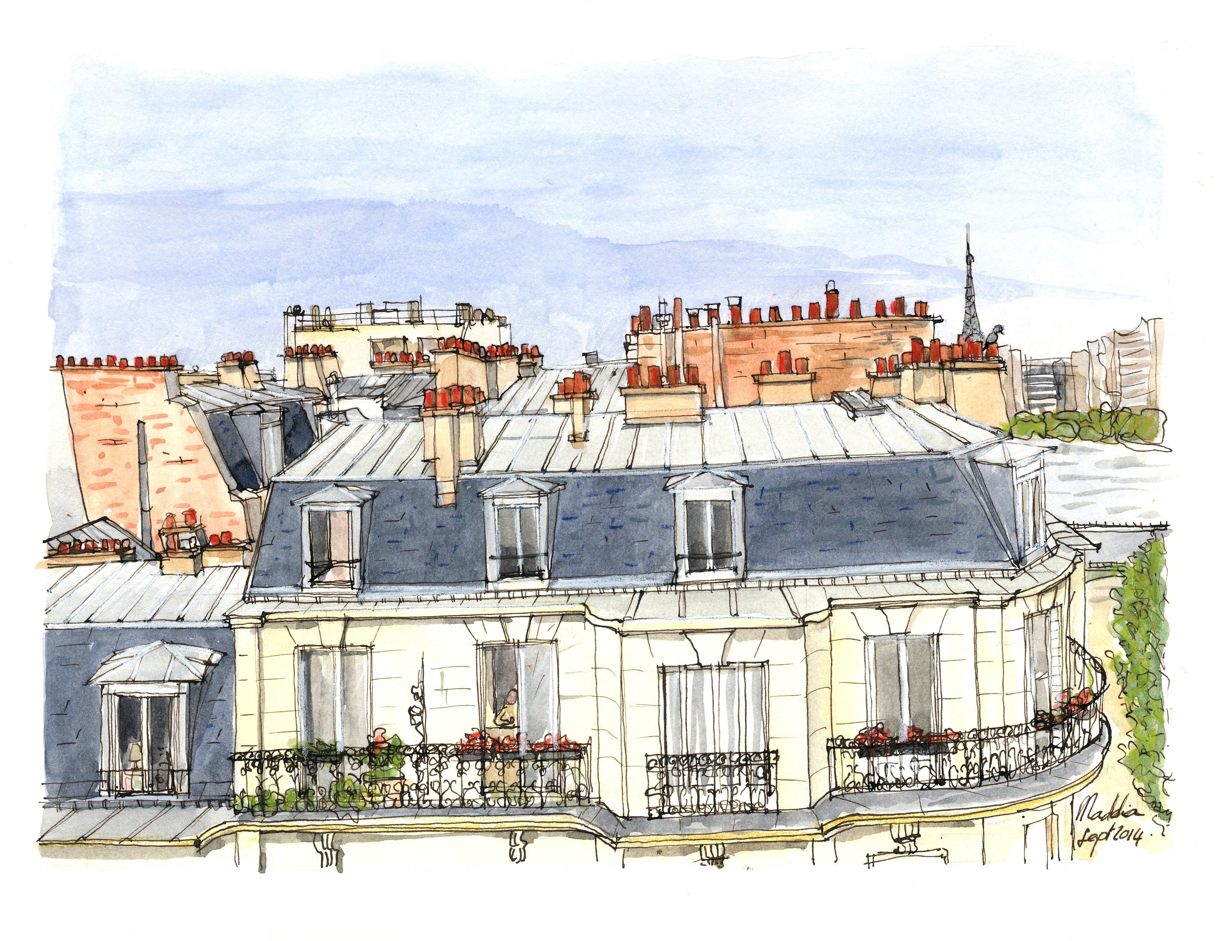 Quai Louis Blériot. Encre et aquarelle, format 20x 35 cm Copyright ADAGP