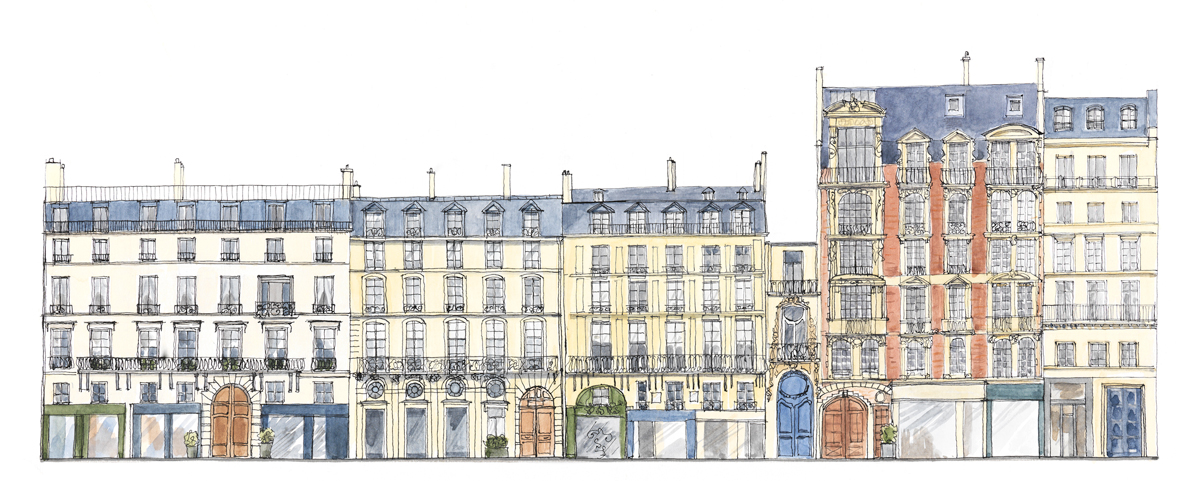 Quai Voltaire ,Paris. Encre et aquarelle Format 50cx25cm. (Copyright ADAGP)