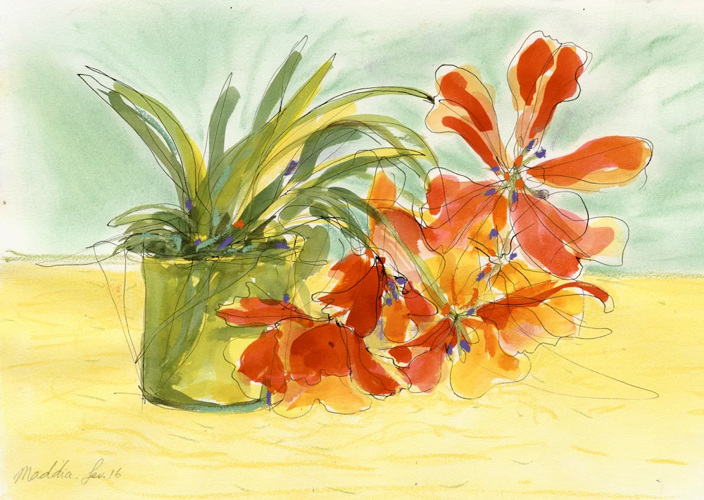 L'émotion des couleurs flamboyantes de ces tulipes dont les tiges ploient sous le poids des énormes pétales, croquis encres et craies, format 42x30 cm, ( copyright ADAGP )