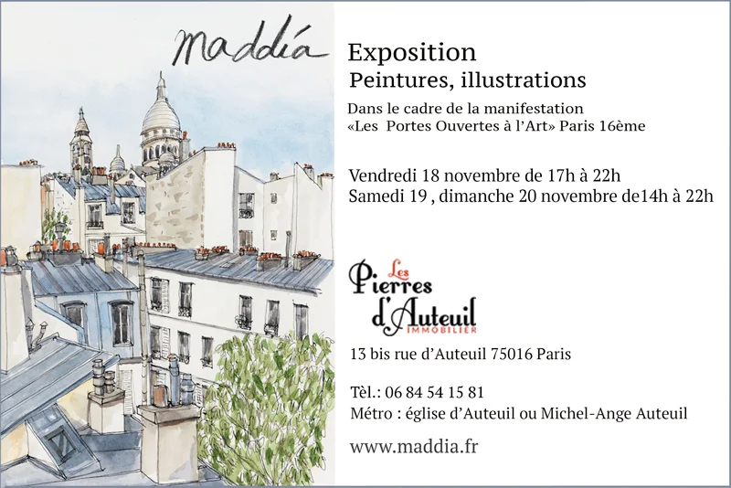 J'ai le plaisir d'exposer dans le cadre des Portes Ouvertes à l'Art , Paris 16eme, je suis accueillie cette année dans l'agence immobilière Les Pierres d'Auteuil. Les artistes ouvrent leurs ateliers tout le week-end, venez nous rendre visite!