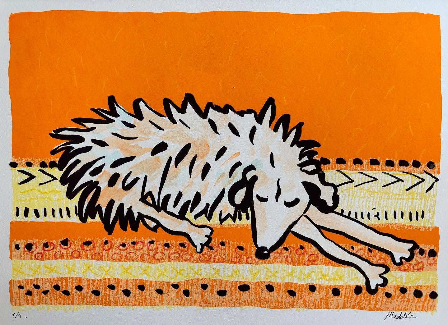 Poulette, le chien de la maison. S&eacute;rigraphie d&rsquo;art et craie cire sur papier coton 300gr. format 35x27cm. Copyright Adagp.