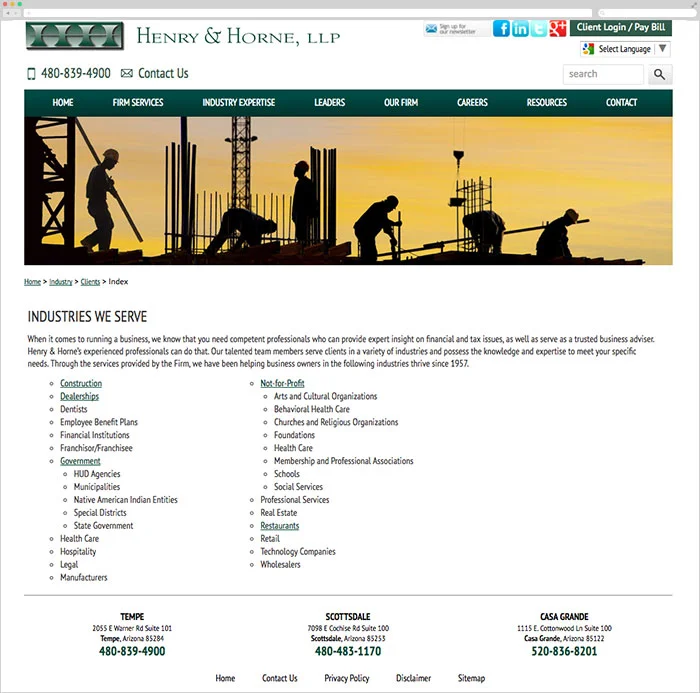 Before: The "Industries" page didn't highlight their main industry areas, a call-to-action, or why having an industry-specific CPA matters.