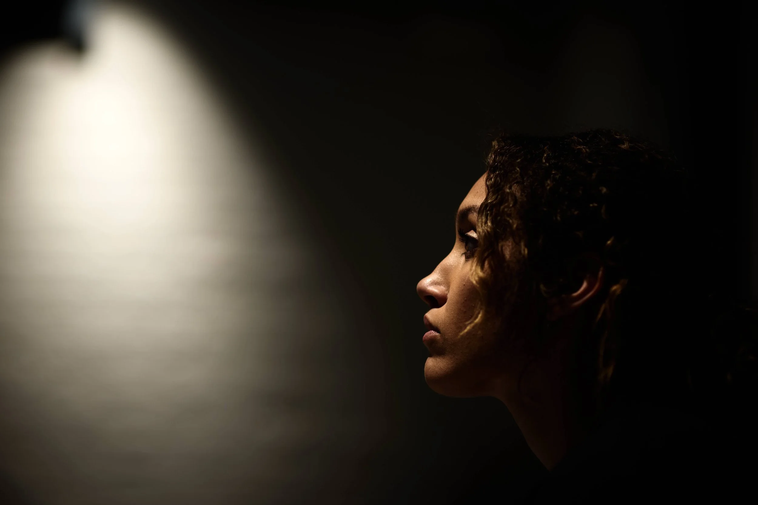 Dramatic portrait of an actor Keturah Chambers in rehearsal in London
