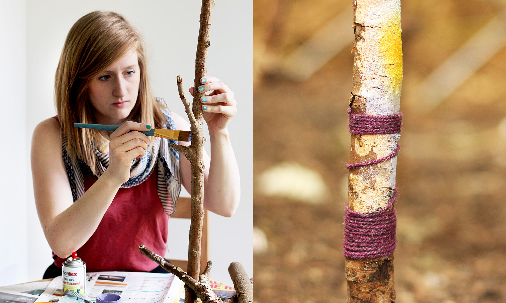 The branches at the front of the scene were painted and wrapped in ribbon and wool to add to the imagined/surreal context.