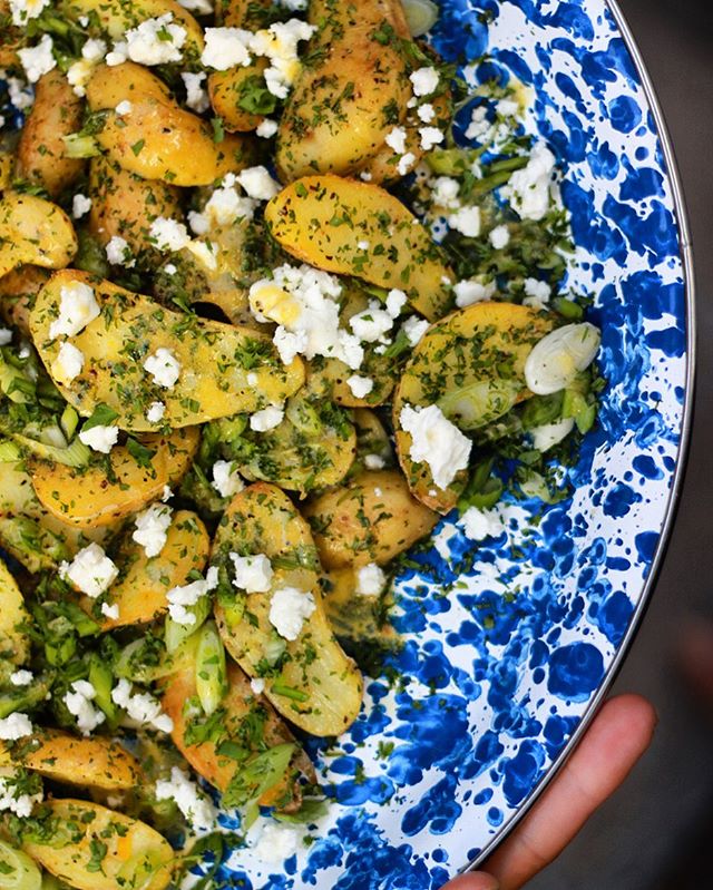 Summer Potato Salad: this one goes out to all my mayo haters! 
I love old fashion potato salad as much as the next gal, as long as there are no sweet pickles- sacrilegious! Loaded with fresh dill, scallions, creamy feta and dressed in a mustard vinai