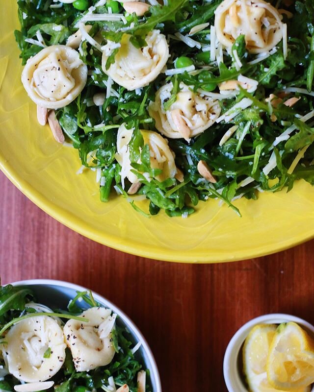 It may not feel like spring, but this salad sure tastes like it! 
Tortellini, peas, asparagus, arugula, Parmesan cheese and toasted slivered almonds. Everything is from Trader Joe&rsquo;s and it&rsquo;s a 1:1  ratio on all ingredients (I even used th