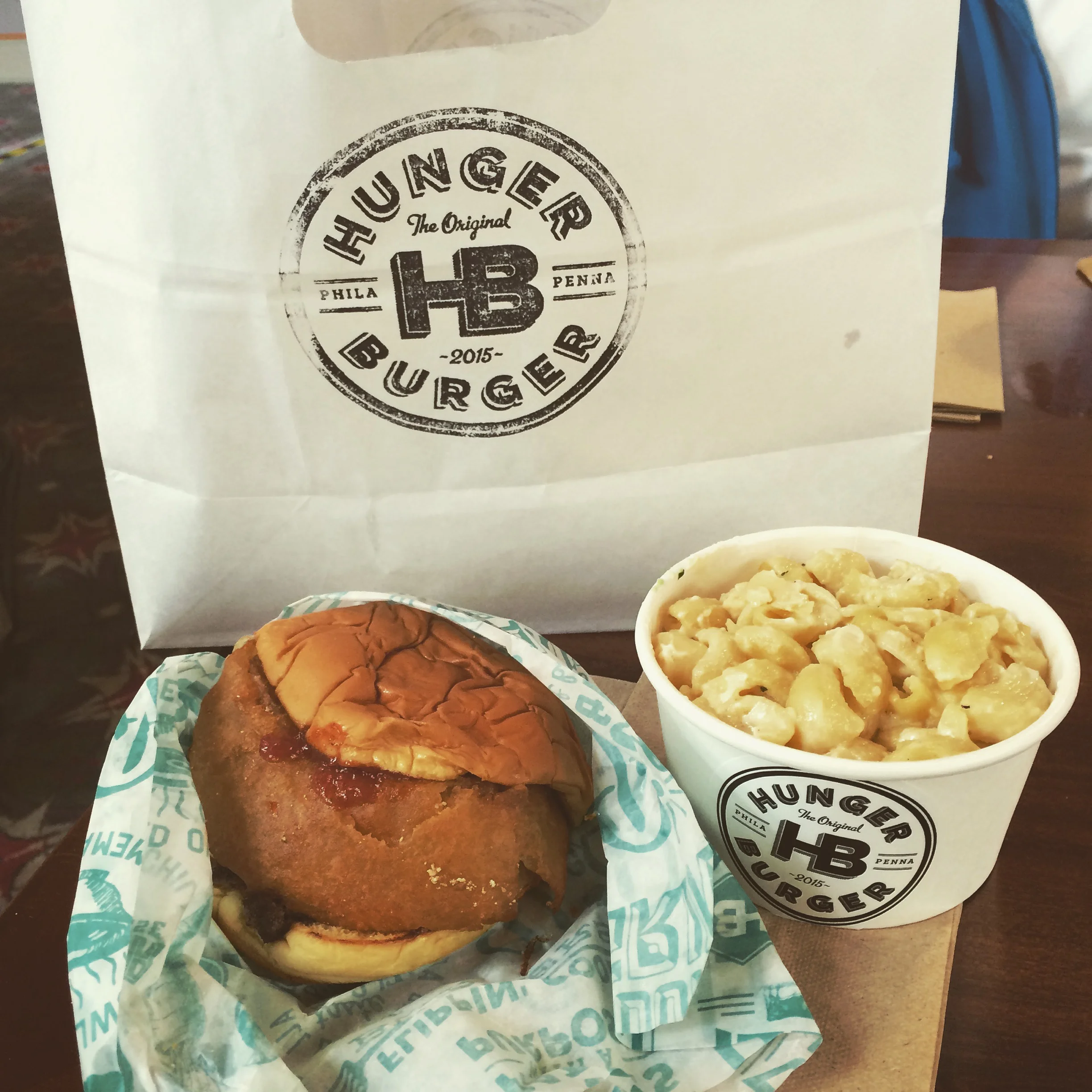 YO!LK burger with mac & cheese.