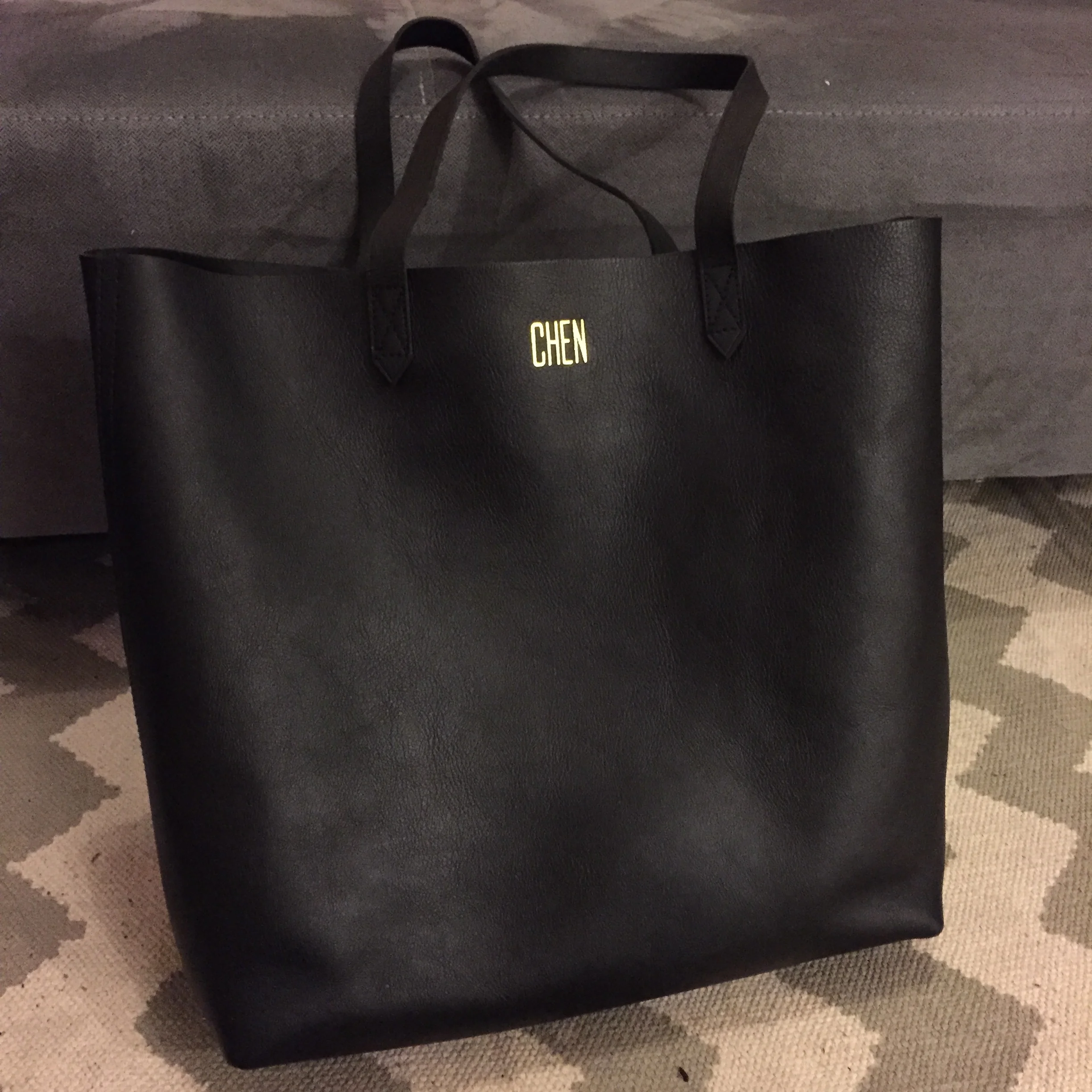 Freshly monogrammed transport tote.