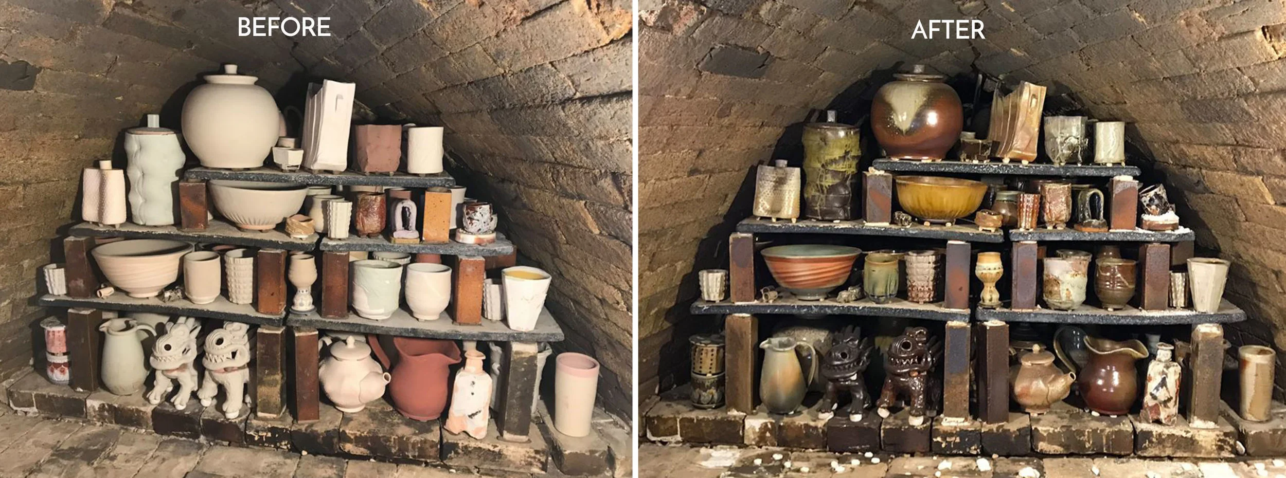 Before and after view of the back of the Anagama, the first and largest chamber in the Gustin Wood Kiln. Photo credit: Joe McCaffery