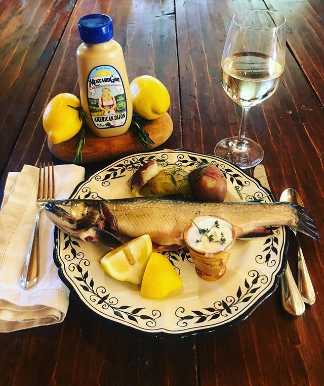 It&rsquo;s Friday Nite Fish Fry Time! What a better way to make it extra special with some Mustard Girl American Dijon Sunshine!  A simple yet delicious fish fry recipe we love to make : first stuff fish with thin lemon slices , sprigs of thyme,  dil