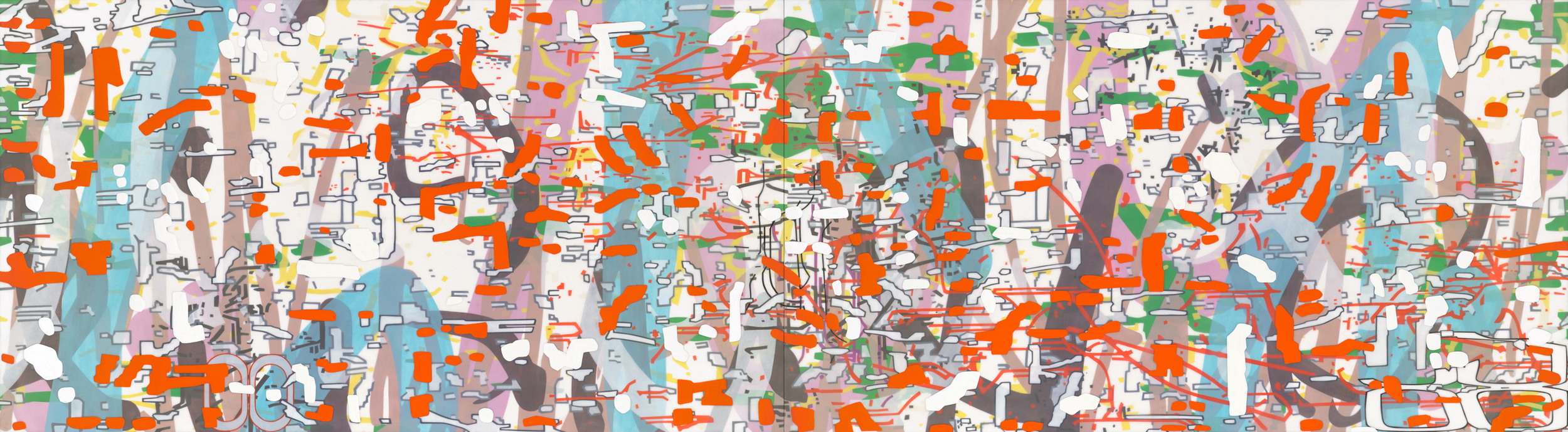 Variation (orange), 2013 Oil and encaustic on two panels 30 x 108 inches