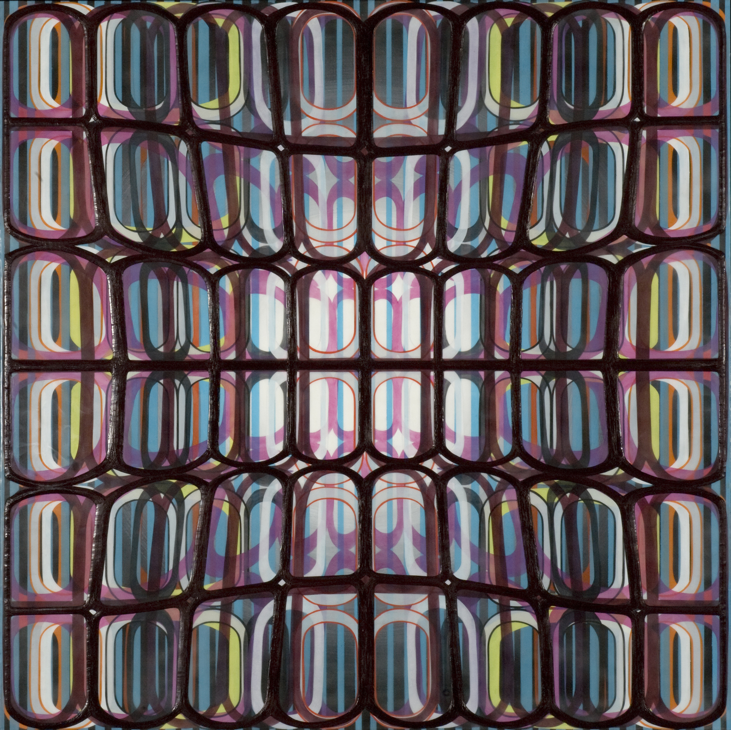   Identical/Variation (pink, blue, green, black) #3,  2007 Oil and encaustic on panel 36 x 36 inches 