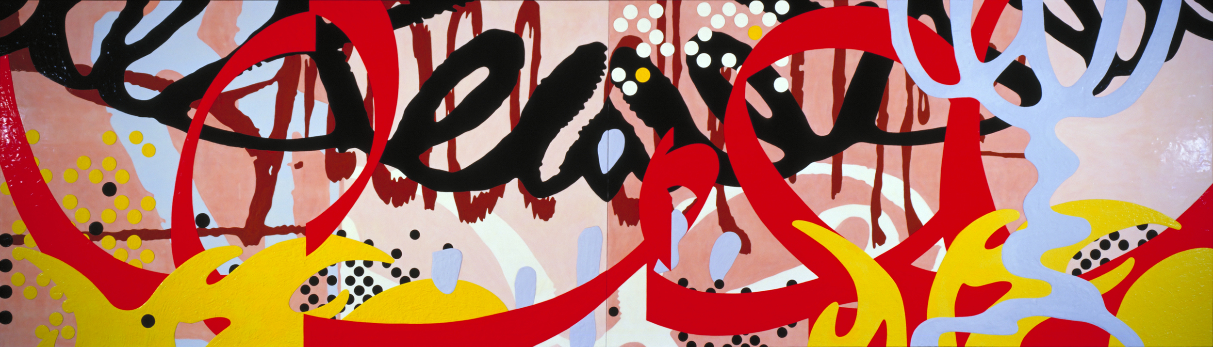 Loop-de-loop (Grace of Monaco, Jackie Stewart, Liberace), 1999 Oil and encaustic on two panels 48 x 168 inches